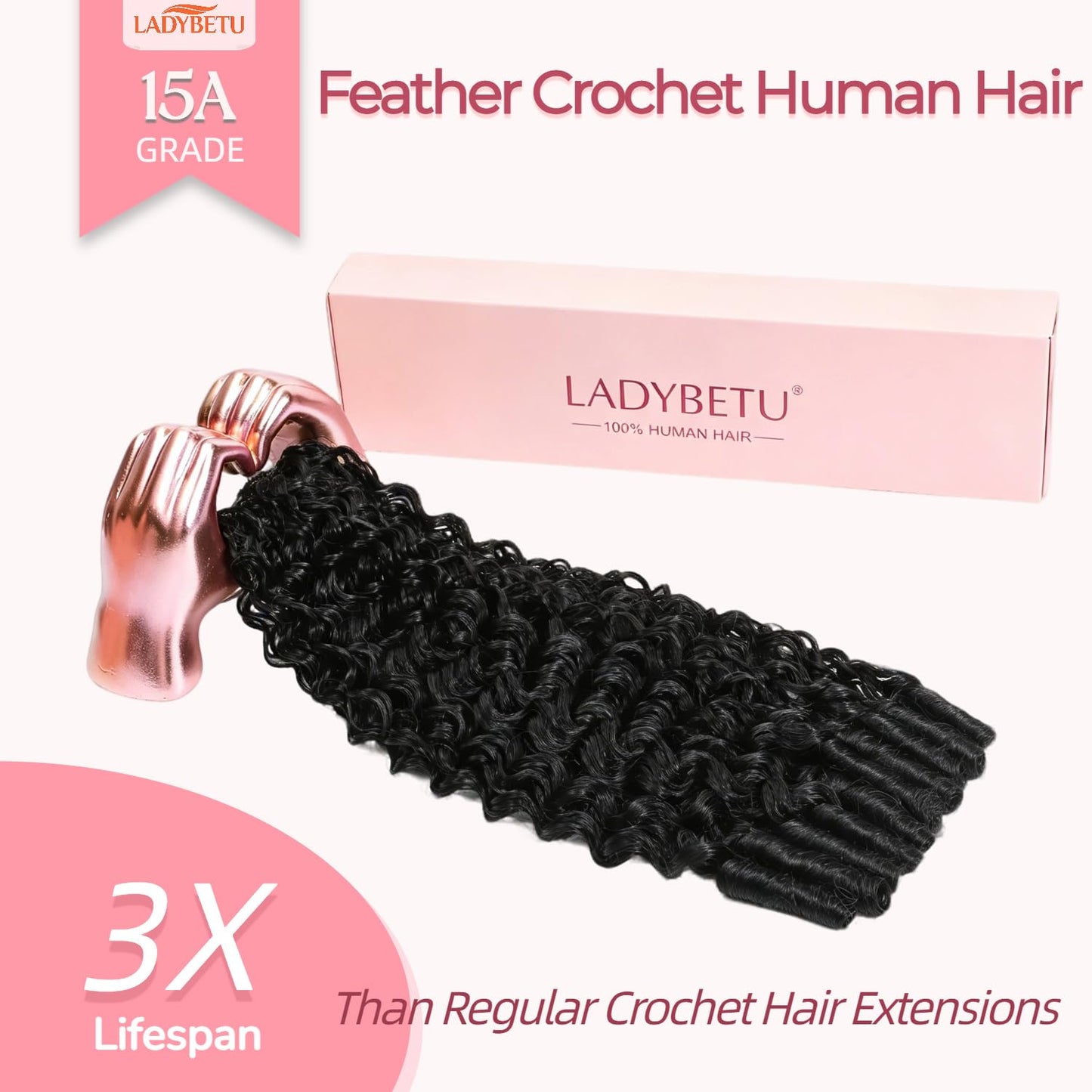 LADYBETU Feather Crochet Human Hair Knotless Invisible 60g, Pre-Separated Lightweight Burmese Curly Crochet Hair 16 Inch, Reusable Miracle Knots Crochet Human Hair for Black Women