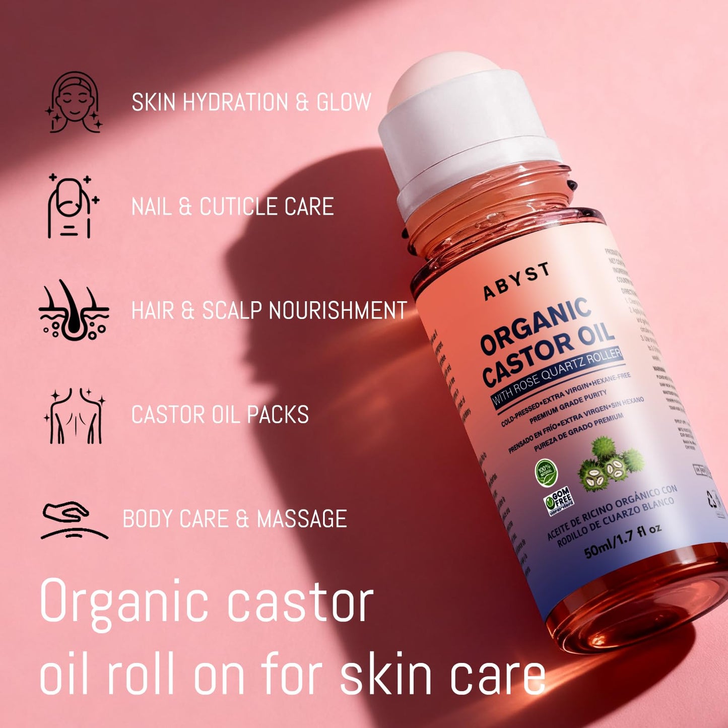 Organic Castor Oil Roll On - Rose Quartz Roller Ball for Face & Body, Skin & Hair Moisturizer, Glass Bottle, Pure & Natural, Cold-Pressed (1)