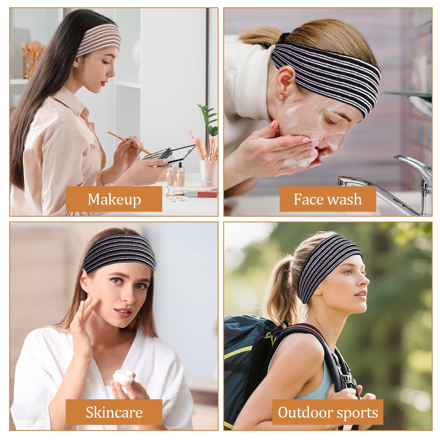 BLMHTWO 3PCS Striped Headbands for Women, Stretchy Elastic Head Bands Soft Fabric Hair Bands Wide Non Slip Head Band for Girls Work Out Yoga Fashion Running Sports (Black, beige)