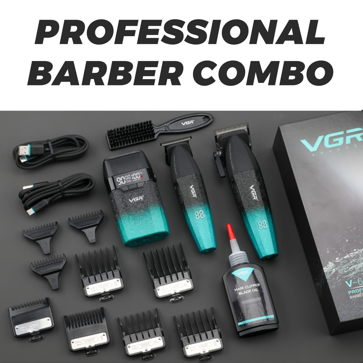VGR 640S3 Professional 3 in 1 Hair Cutting Kit, 9000RPM Hair Clippers for Men Professional Hair Trimmer & Foil Shavers Set, Cordless Mens Barber Combo for Home, for Him(Green)