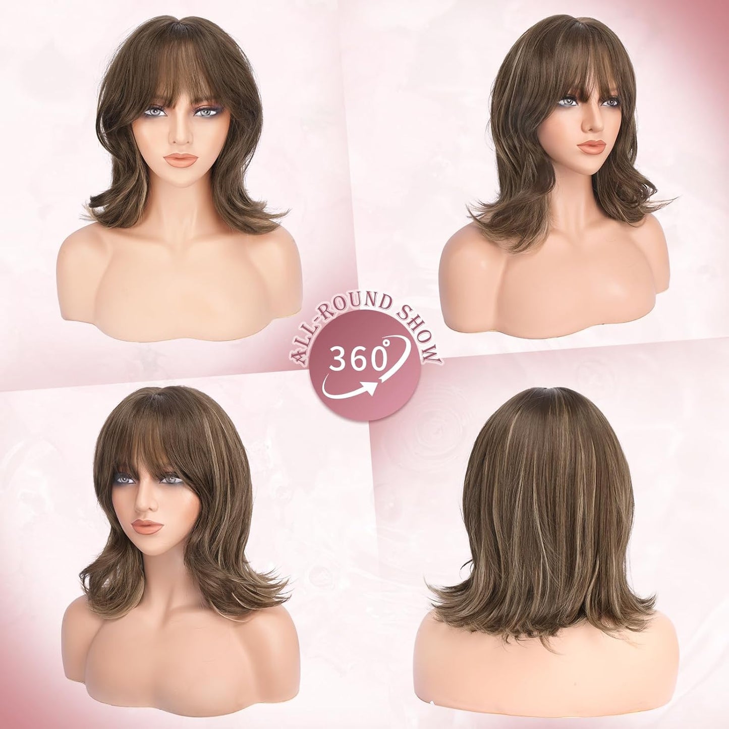 Brown Short Bob Wig with Bangs - Wavy Layered Shoulder Length | 14 Inch Synthetic Hair for Women