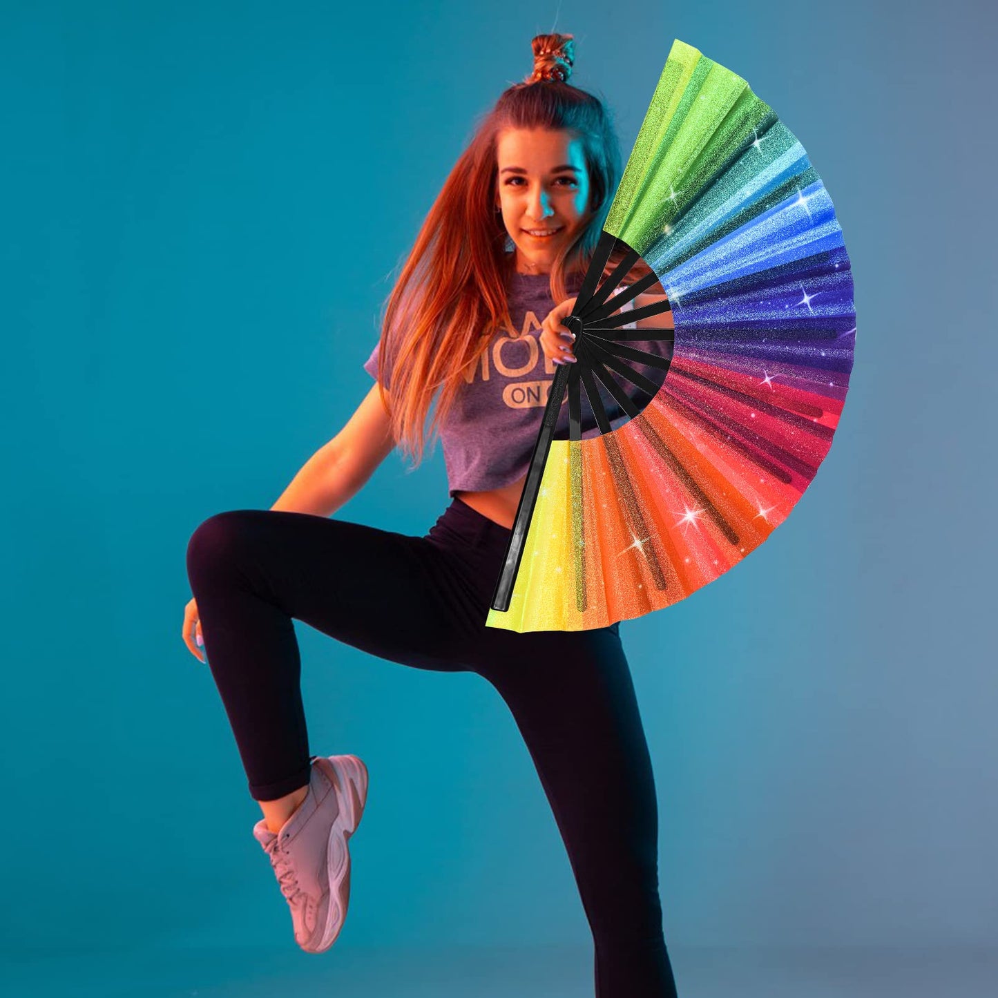 Large Rainbow Hand Fan Rave Clack Folding Fan Handheld Holographic Glitter Festival Foldable Silk Fan with Fabric Case for Men Women Gift Line Dancing Performance Gay Pride Day Parade Party Cosplay