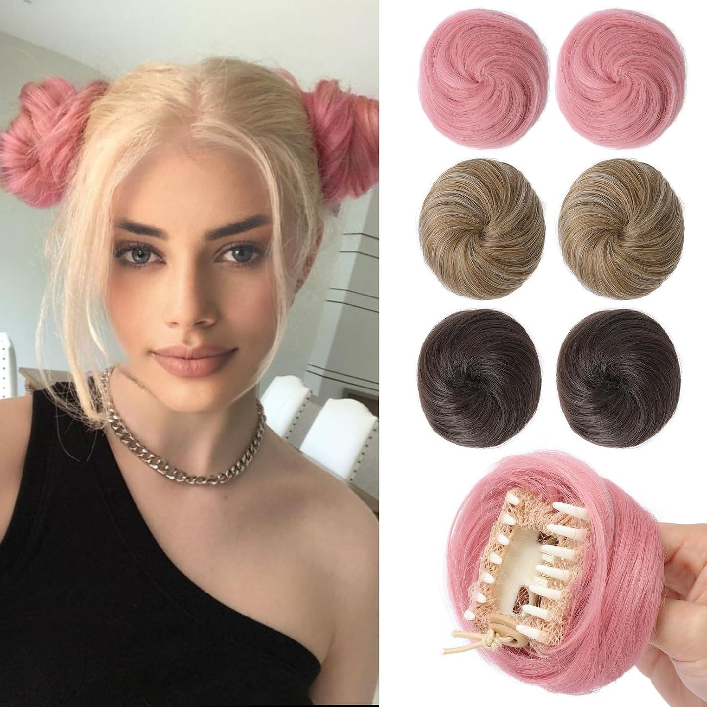 REECHO Mini Claw Clips - Messy & Cat Ears Hair Bun Extensions | 2-Pack, 3.5" Wavy, Natural Black