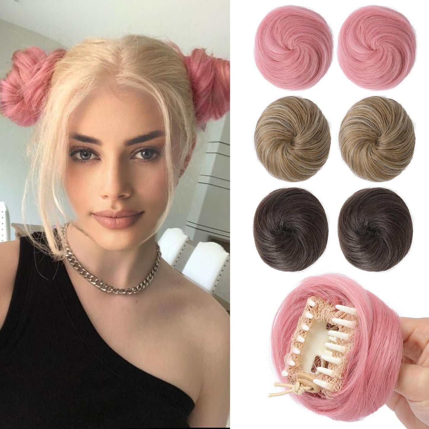 Mini Claw Clip Hair Bun Extensions - 2 PCS Messy & Cat Ears Updo Accessories | Golden Blonde Mix