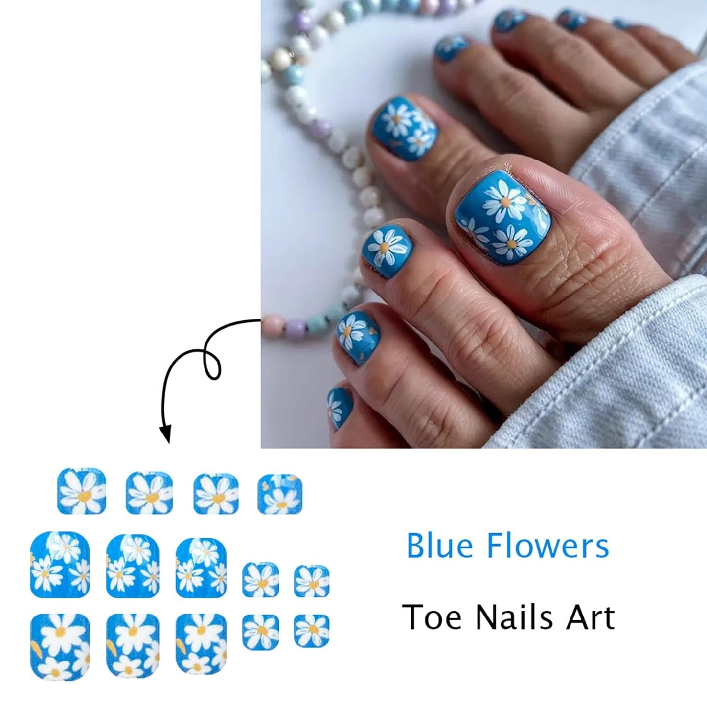Press-On Toenails - Short Square Fake Toe Nails with Flower Designs | 24 Pcs Blue Acrylic Summer Beach Set