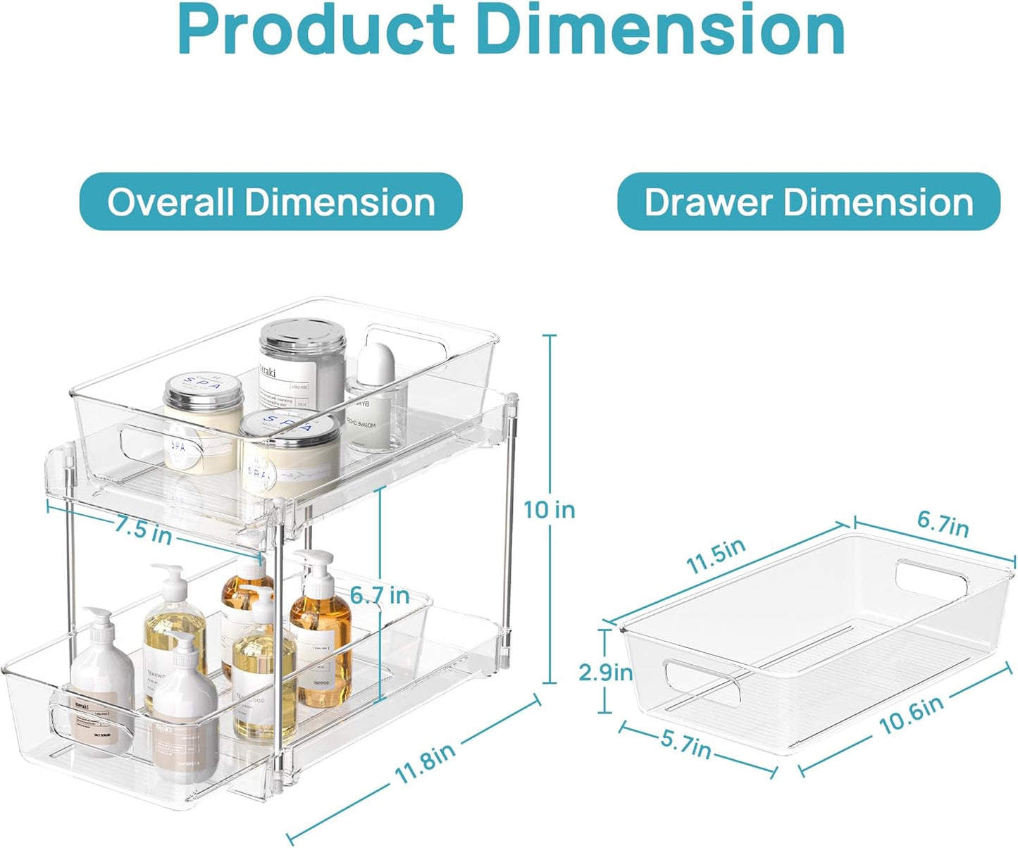 4 Pack Bathroom Organizer - 2 Tier Clear Under Sink Storage Bins | Vanity Countertop & Cabinet Drawers