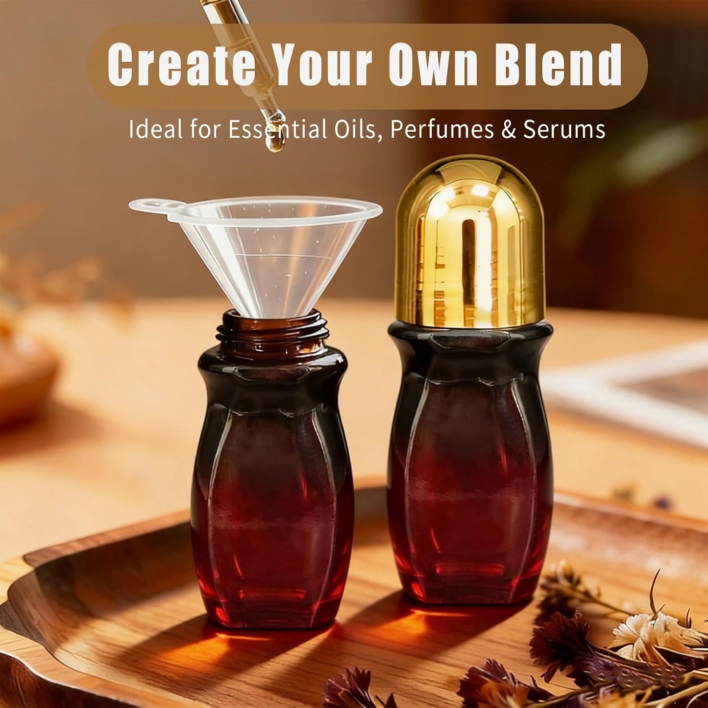 Rose Quartz Roller | 30ml Refillable Amber Glass Essential Oil Bottles - Leak-Proof Travel Perfume Container with Gold Caps