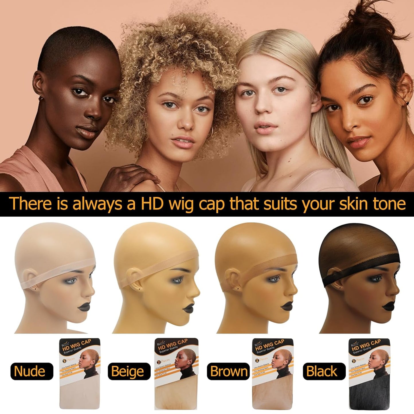 Black Skinlike HD Wig Cap - 24 Ultra-Thin Stretchy Stocking Caps | Invisible & Breathable for Lace Front Wigs