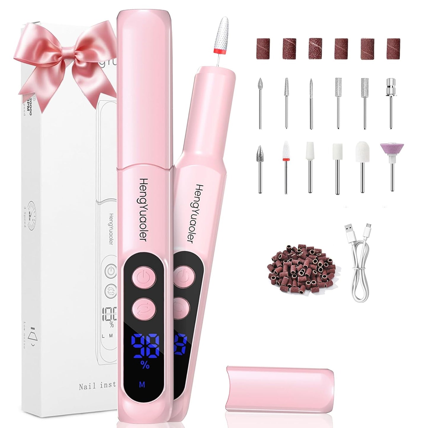 Cordless Electric Nail Drill - Professional 3 Speed Efile Kit for Acrylic & Gel Nails | USB Rechargeable, 20000 RPM, Pink
