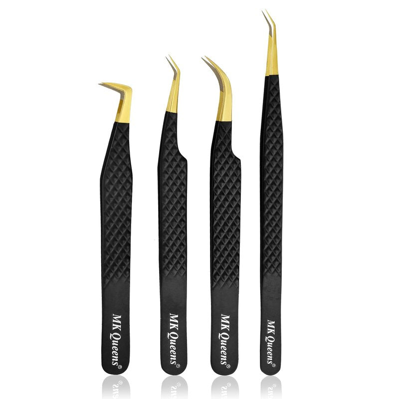 MK Queens Lash Tweezers - Stainless Steel Fiber Tip Eyelash Tweezers (Set of 4) - Diamond Grip Professional Lash Tweezers for Eyelash Extensions (Black)