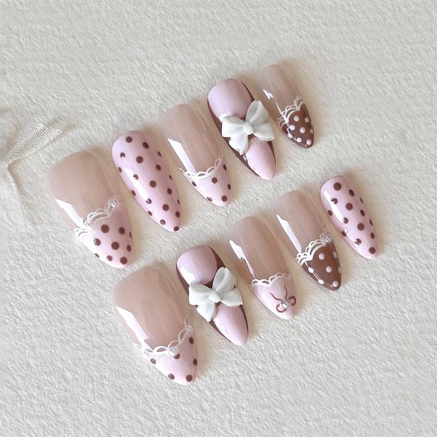 French Tip Press-On Nails - 24pcs Medium Almond with 3D Floral Gold Pearl Shell Designs | Summer Glitter Acrylic Full Cover