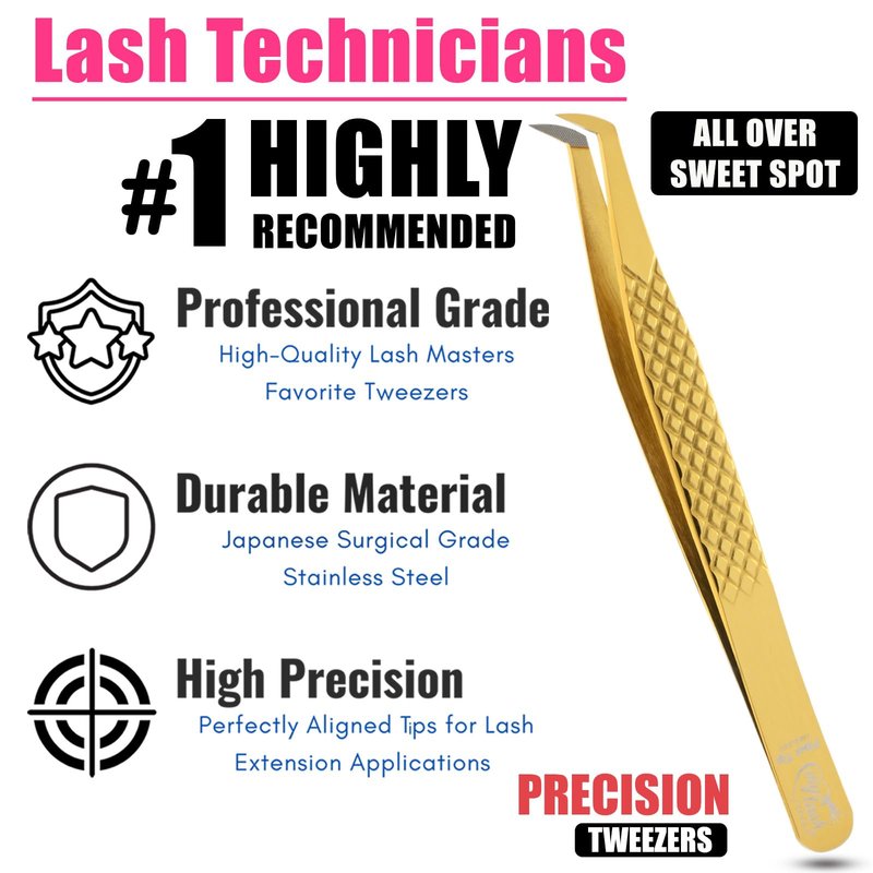 Mega Volume Fiber Grip Lash Tweezer – Boot Tip, Diamond Grip, Professional Stainless Steel, Precision Lash Extension Tool for Volume Fans, Classic, and Mega Volume Eyelash Extensions (Gold)