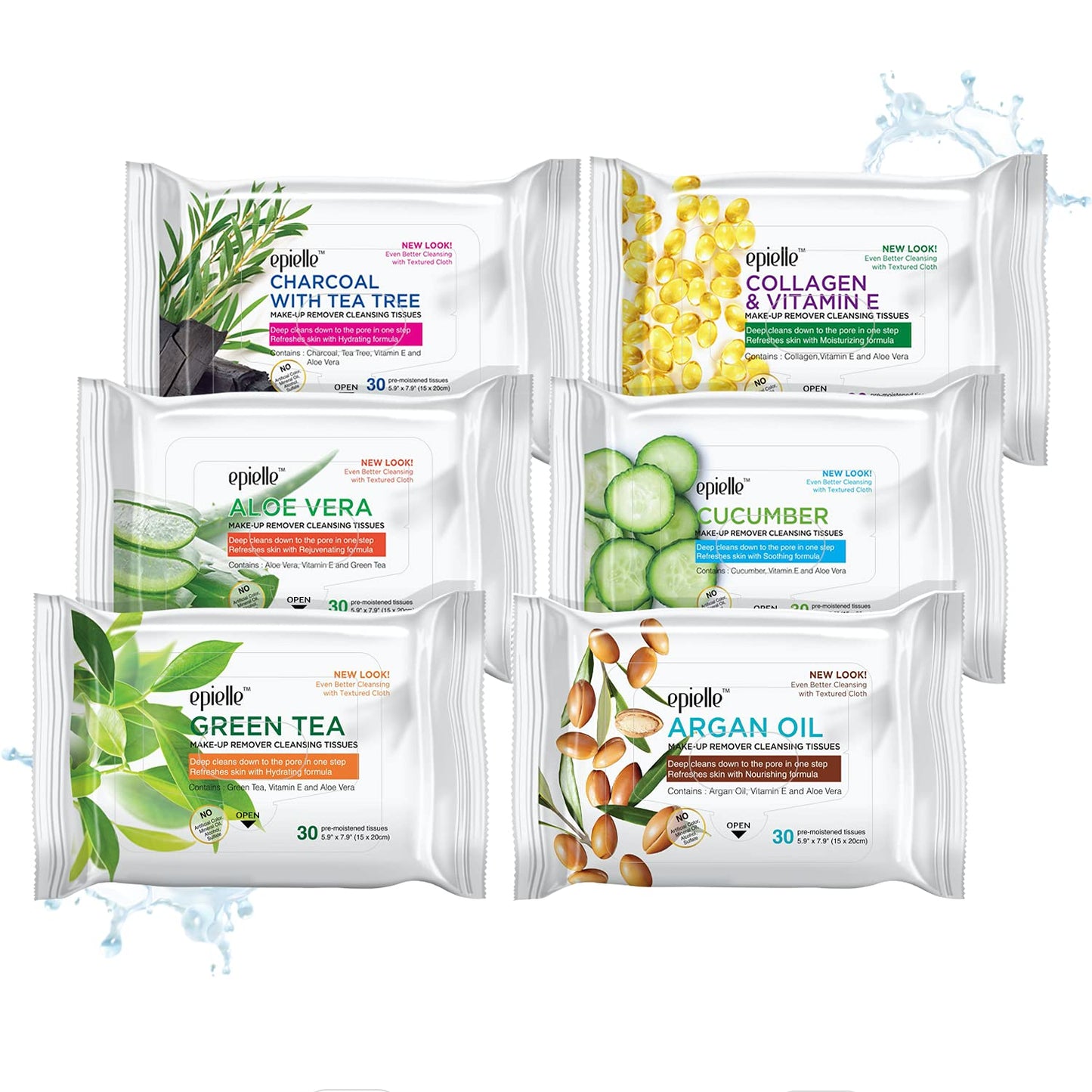 Epielle Gentle Skin Cleansing Wipes - Vitamin C, Aloe Vera & Green Tea | 6 Pack, 30 Count Each, Alcohol-Free, Hypoallergenic