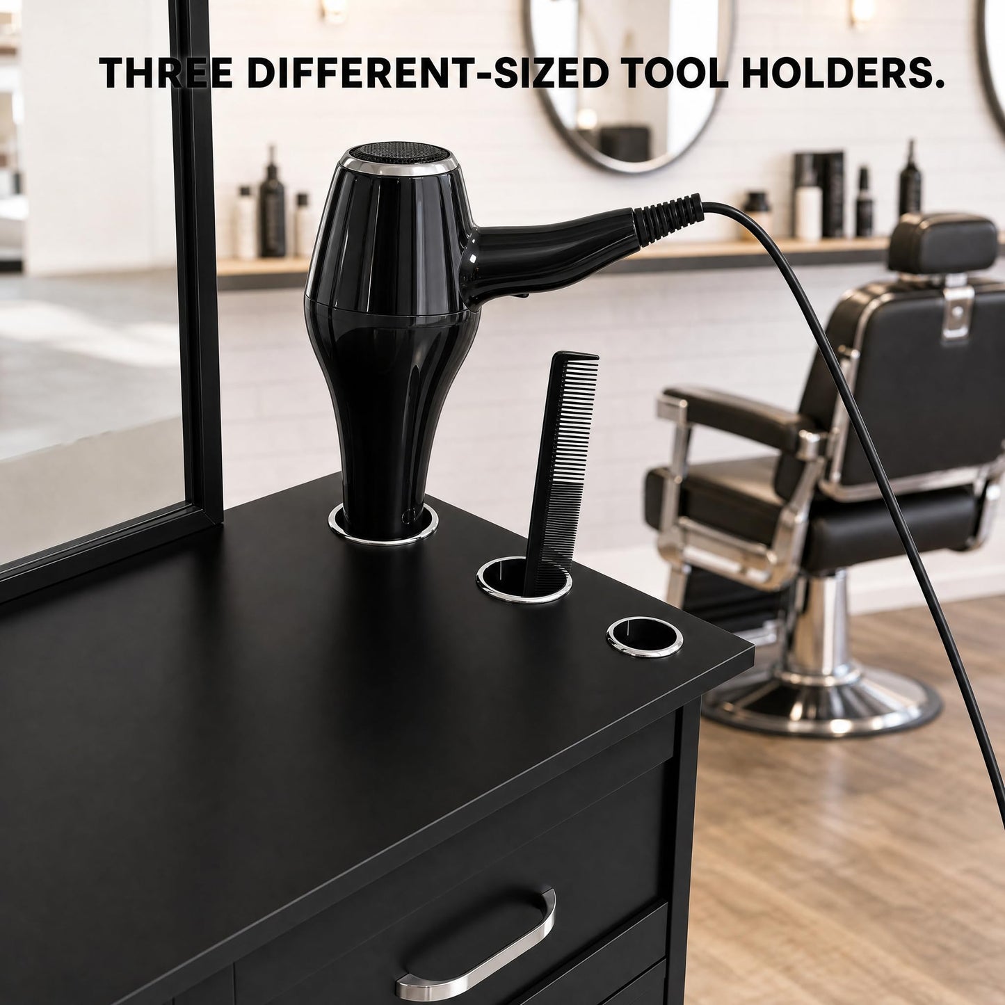 THINK 30 Salon Station, Barber Station, with Wall-Mount or Cabinet-Mount Mirror, Drawers, for Hair Salon, Barber Shop, Beauty Spa, Black