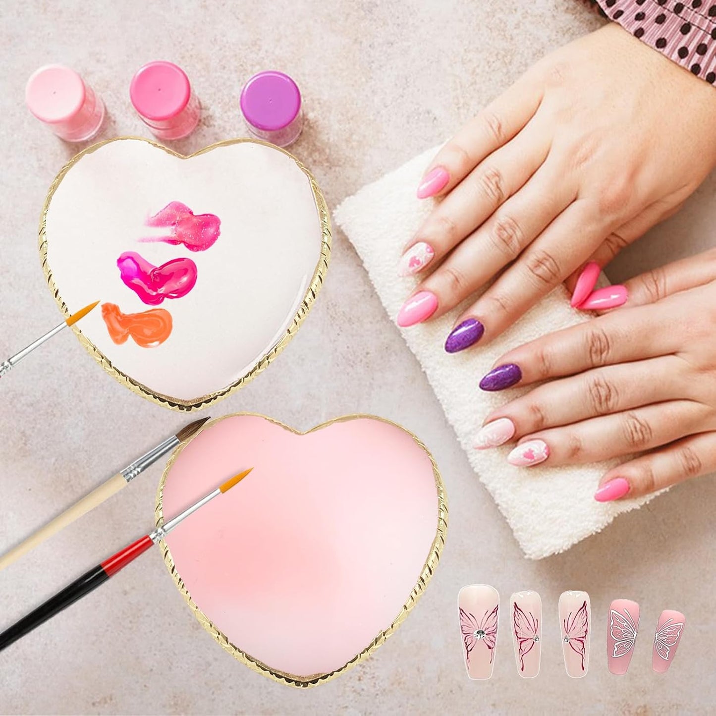Resin Nail Art Palette Set - Heart Shaped Mixing Tools with Gold Edge | 2 Pcs White & Pink Display Board