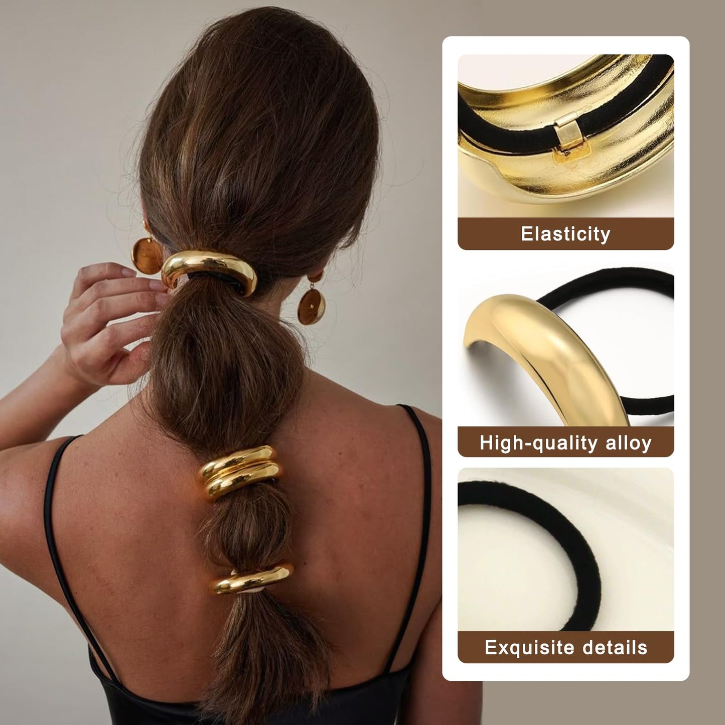 6Pcs Gold Hair Ties,Metal Hair Ties for Thick Hair,Damage Ponytail Holders,6 Styles Hair Accessories for Women