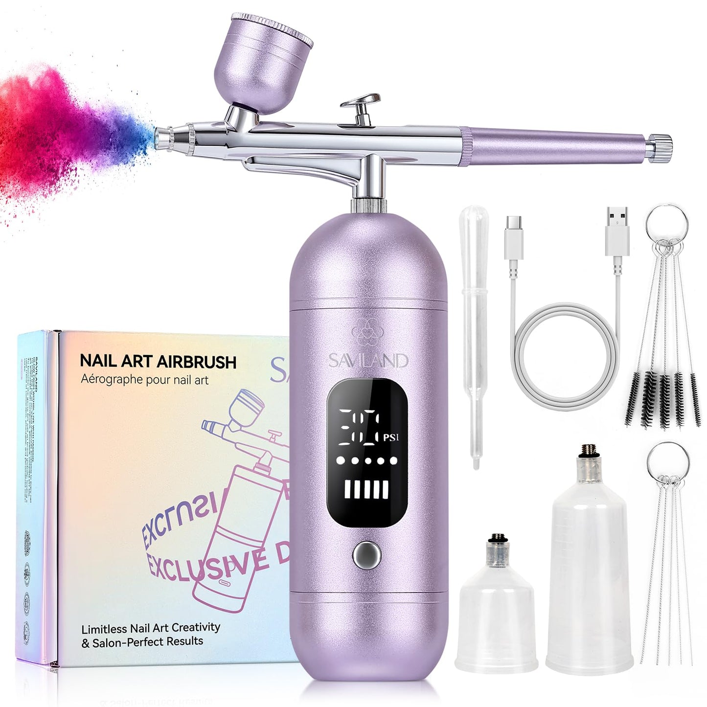 SAVILAND Salon-Perfect Results 30PSI Airbrush Kit: 3 Adjustable Air Pressure Options Portable Airbrush for Nails with Screen Creative Without Limits for Nail & Model Painting