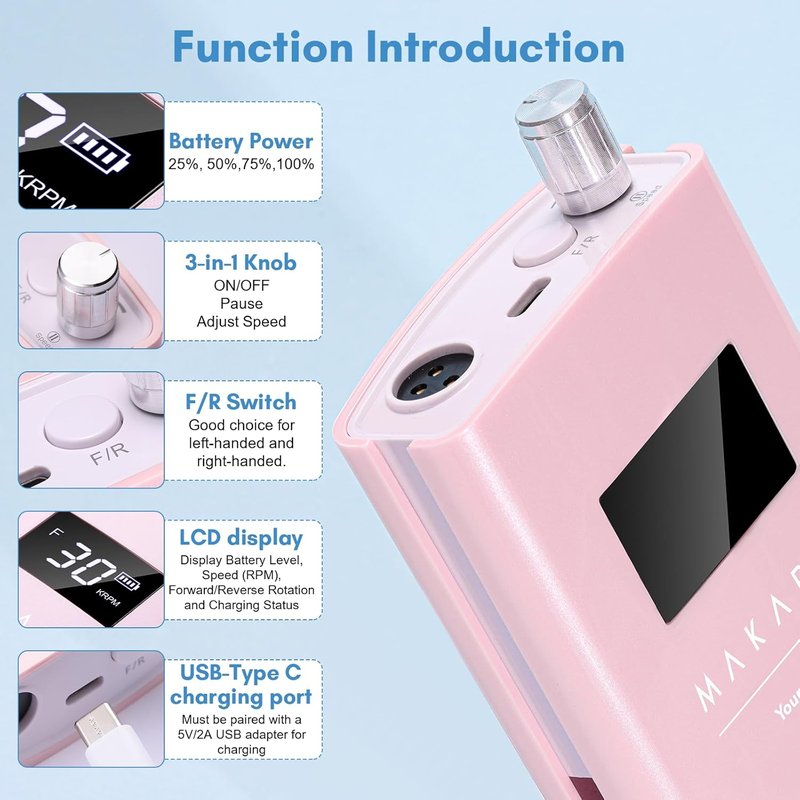Cordless Electric Nail Drill - 30,000RPM E File for Acrylic & Gel Removal | 8.5H Battery, Quiet, LCD Display, Portable in Pearly Pink