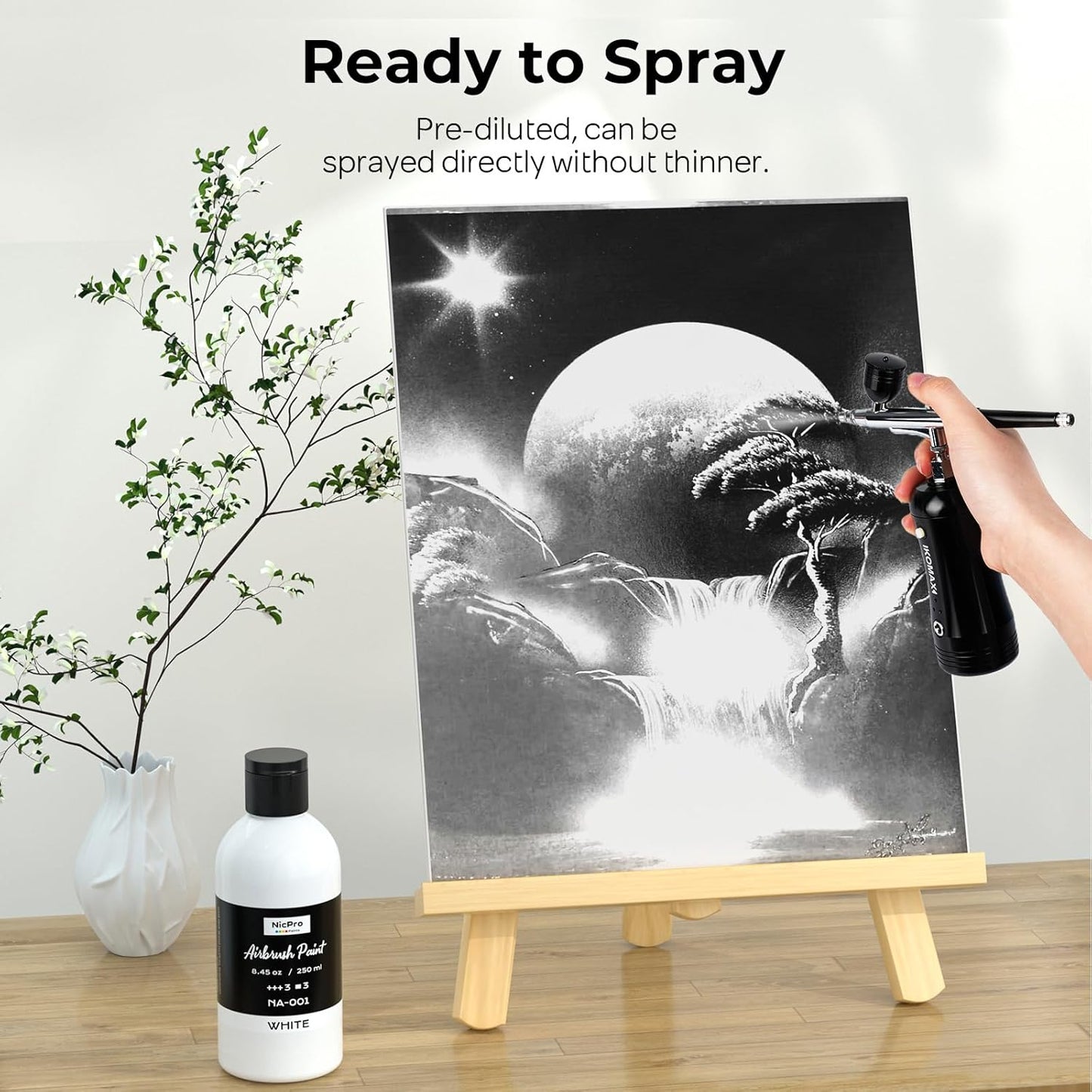 Nicpro White Airbrush Paint - Opaque Water-Based Acrylic for Models, Wood, Canvas | 8.45 oz (250 ml)