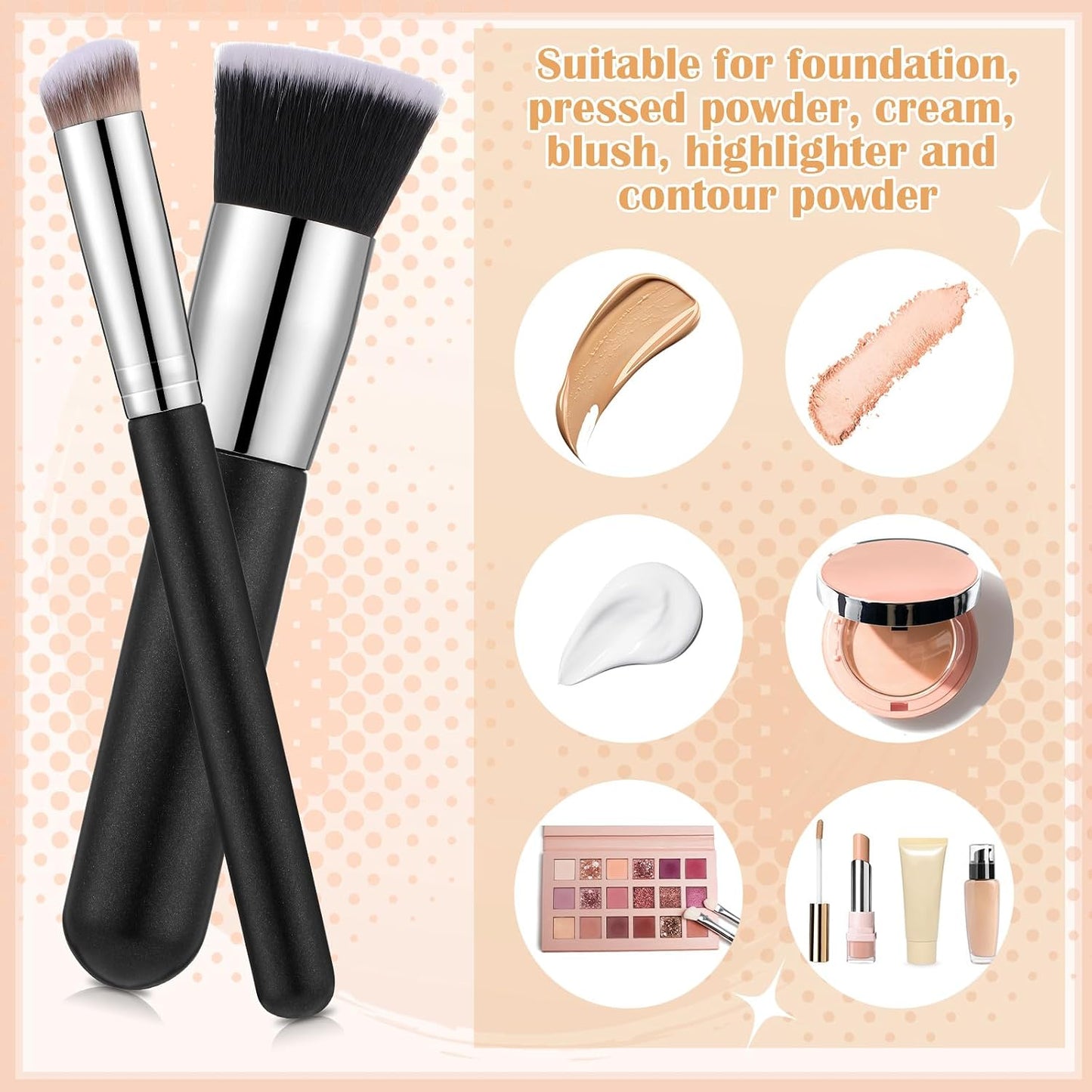 Foundation Brush Set - 6Pcs Liquid Makeup Brushes with Sponge & Powder Puff | Black