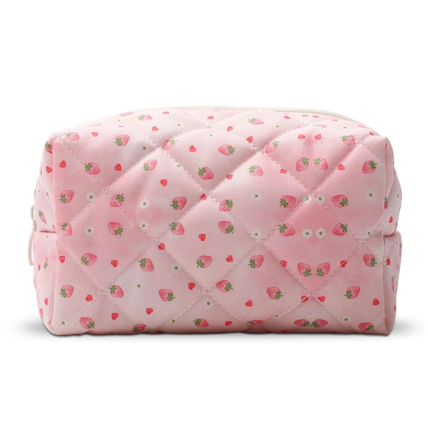 BACDOILQ Pink Quilted Makeup Bag, Strawberry Cotton Cosmetic Bag, Cute Floral Makeup Pouch for Women Girls, Coquette Aesthetic Organizer Bags Travel Toiletry Bags
