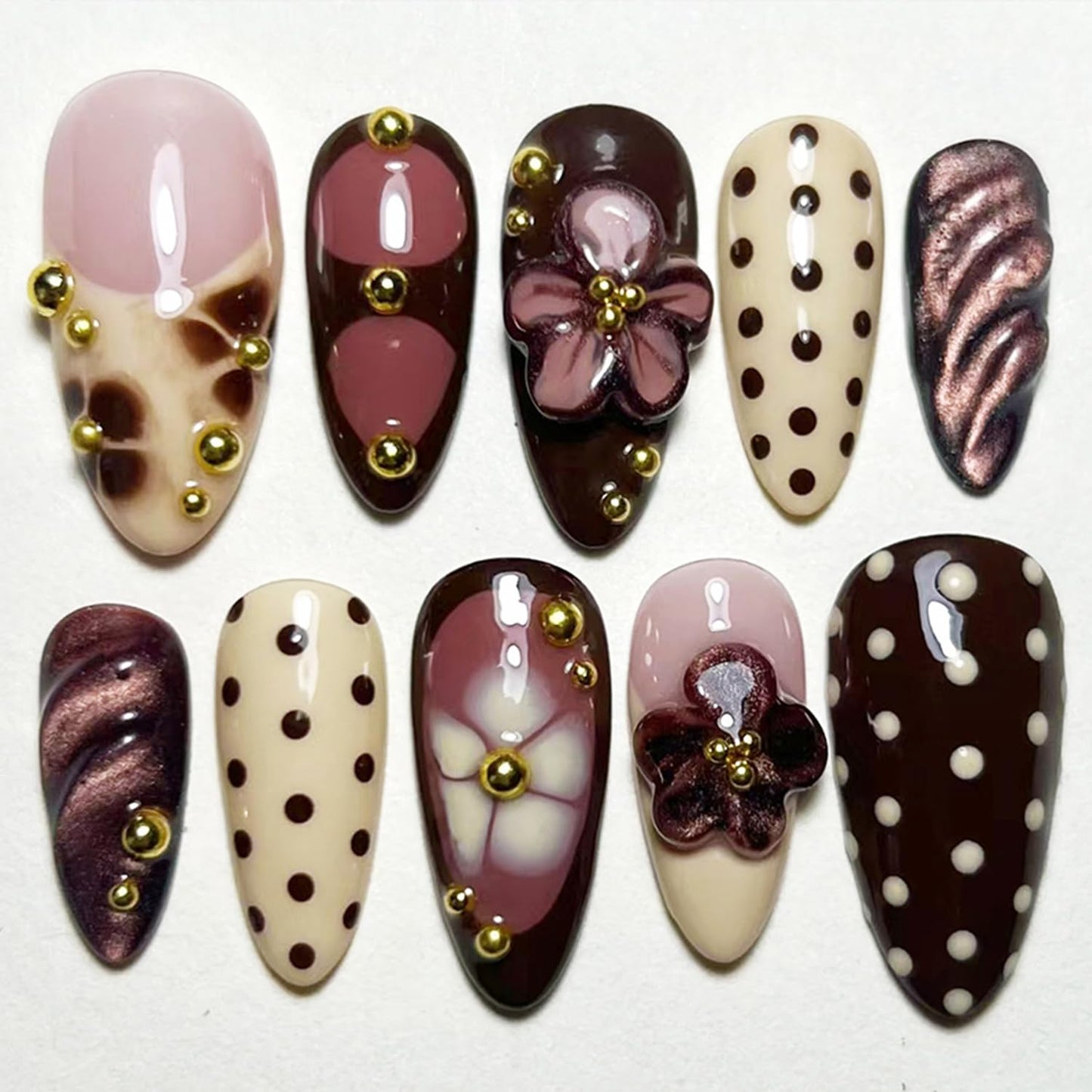 Press-On Nails - 30 Pcs Pink Flower French Tip Design | Short Almond 3D Floral Full Cover Acrylic Set
