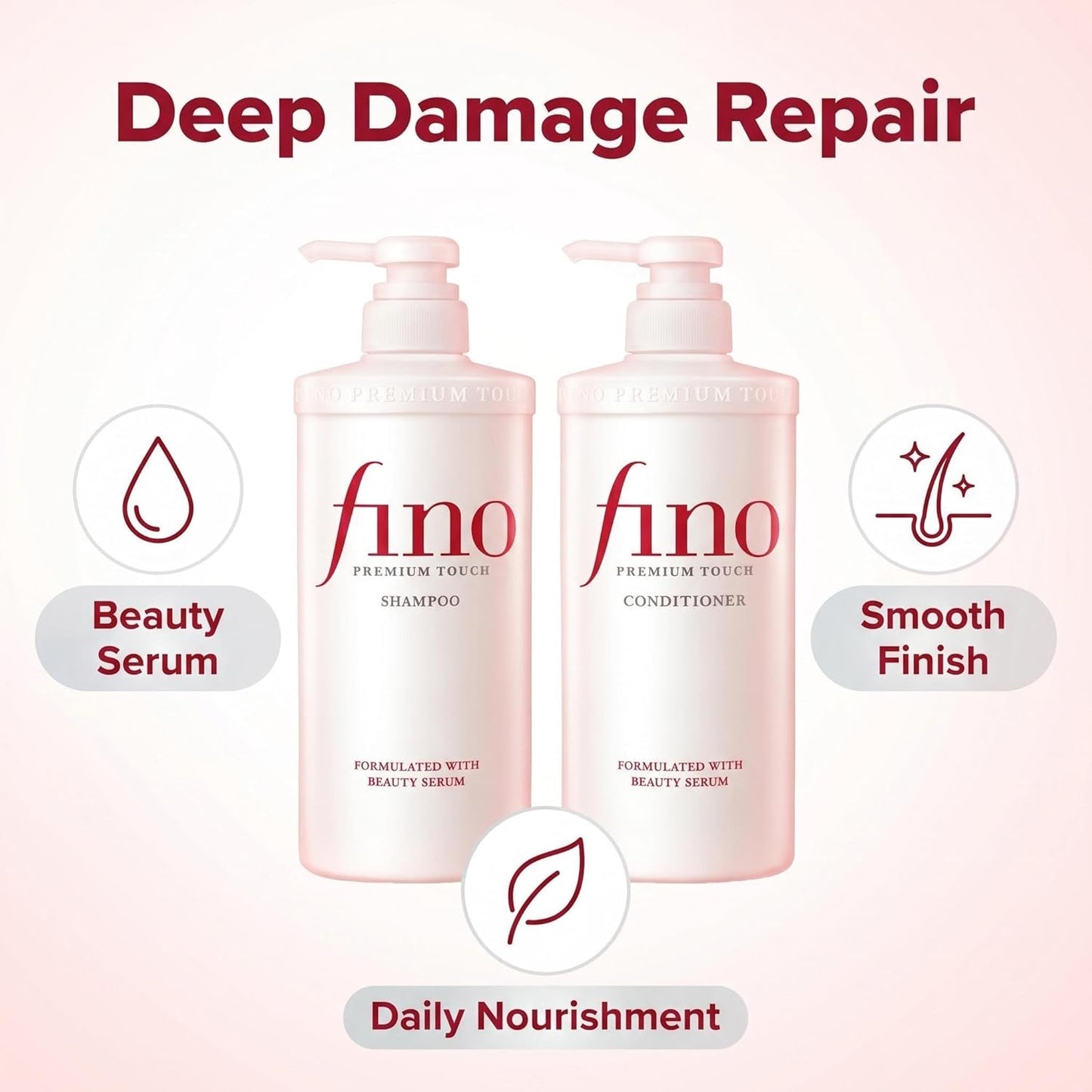 Fino Premium Touch Shampoo & Conditioner Set | J-Beauty Deep Repair Duo for Dry, Damaged Hair - 550ml Each (Total 37.2 fl oz)