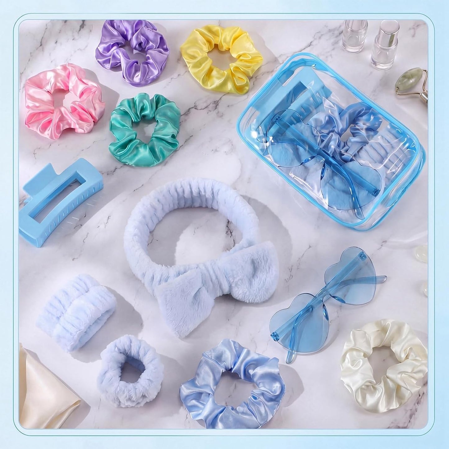 Slumber Party Supplies - 12 Set 84 Pcs Spa Gift Kit with Headbands, Sunglasses & Makeup Bag | Pastel Colors