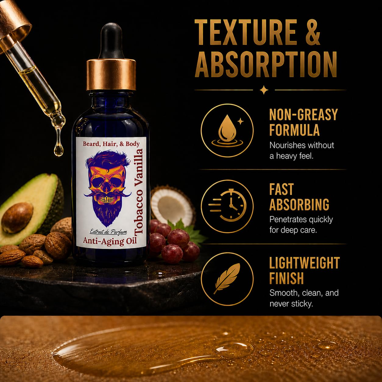 TOBACCO VANILLA Beard Oil for Men – Beard Growth Serum & Conditioner | Softener & Moisturizer for Dry Oily Skin | 11 Natural Anti-Aging Oils | Argan, Jojoba & Castor | Facial Hair & Mustache Growth