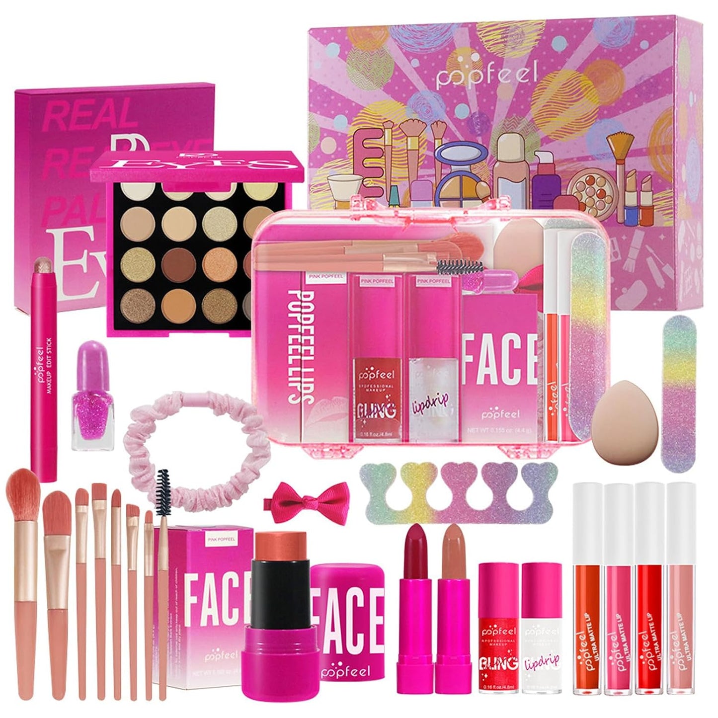 All-in-One Makeup Kit for Women - Hot Pink Essential Bundle | Eyeshadow Palette, Lipstick, Blush & More