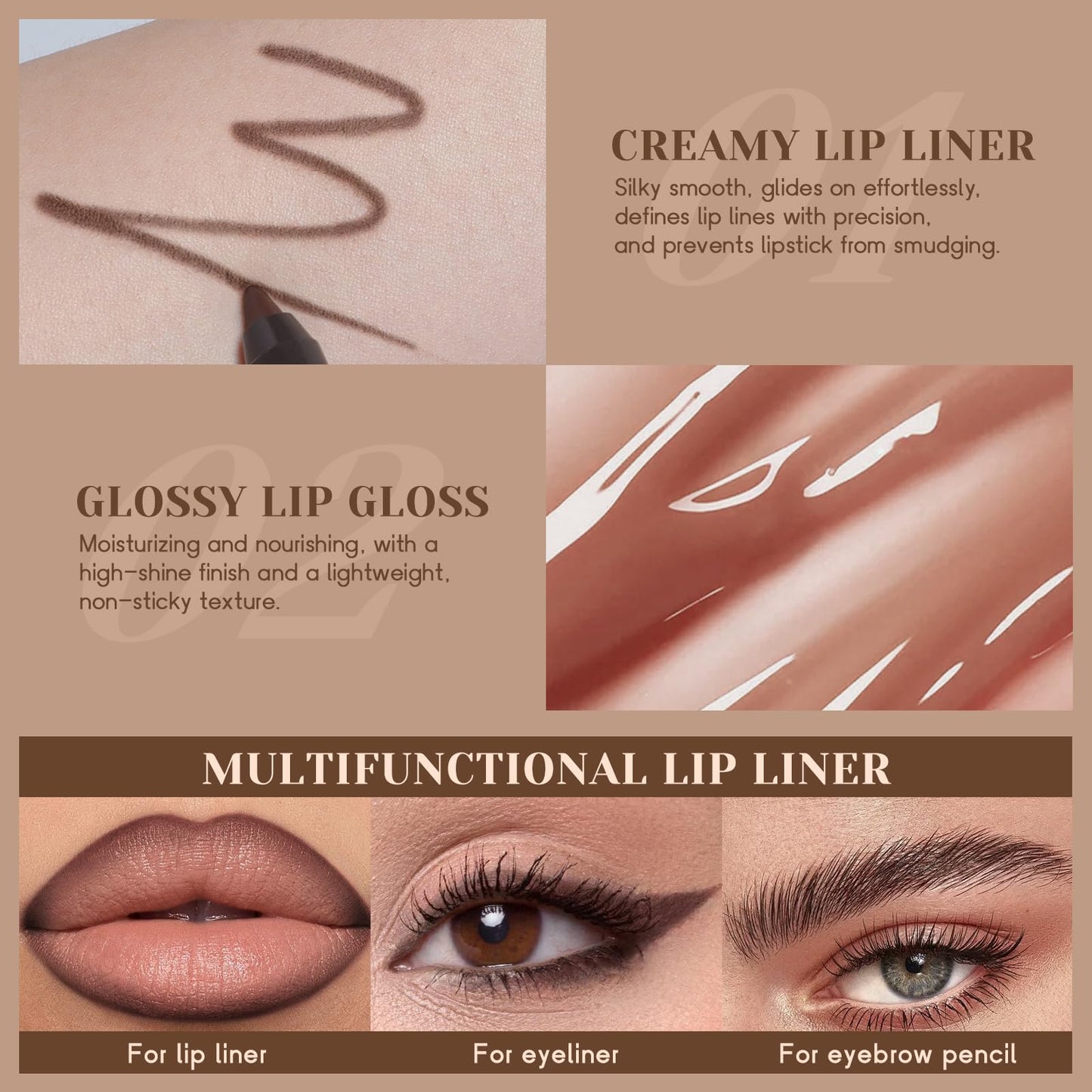 Noerrors 6pcs Natural Nude Lip Combo Sets, Moisturizing High Shine Lip Kit with Creamy Brown Lip Liner and Long Lasting Nourishing Gloss for Women, Plumping Fresh Glossy Effect for Volume Lips Makeup
