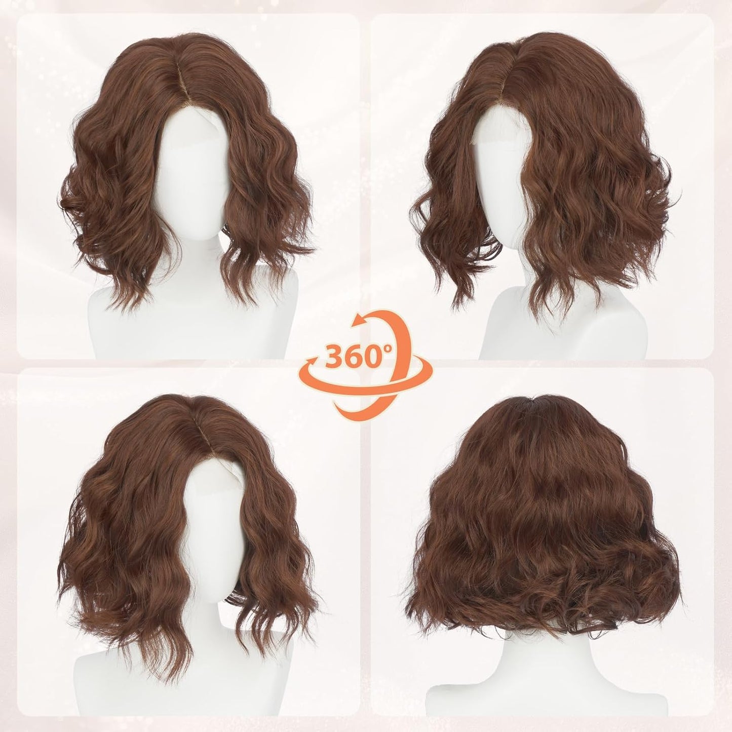 Brown Bob Wig for Women - Lace Front Short Wavy Curly Synthetic Hair | 11 Inch Reddish Brown