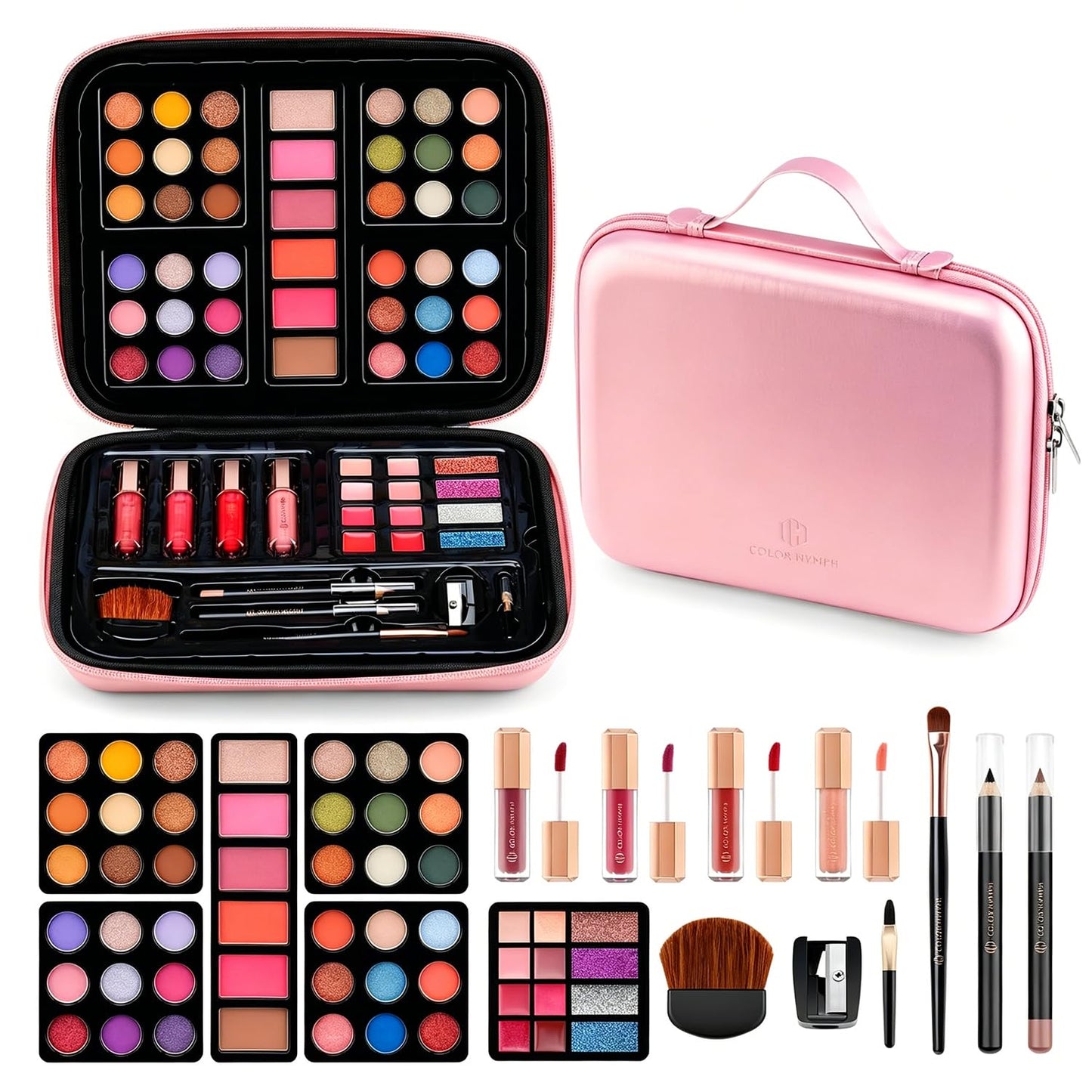Multipurpose Makeup Kit for Teens | Non-Toxic Travel Set with Eyeshadows, Blush, Highlighter & Brushes - Gold Case