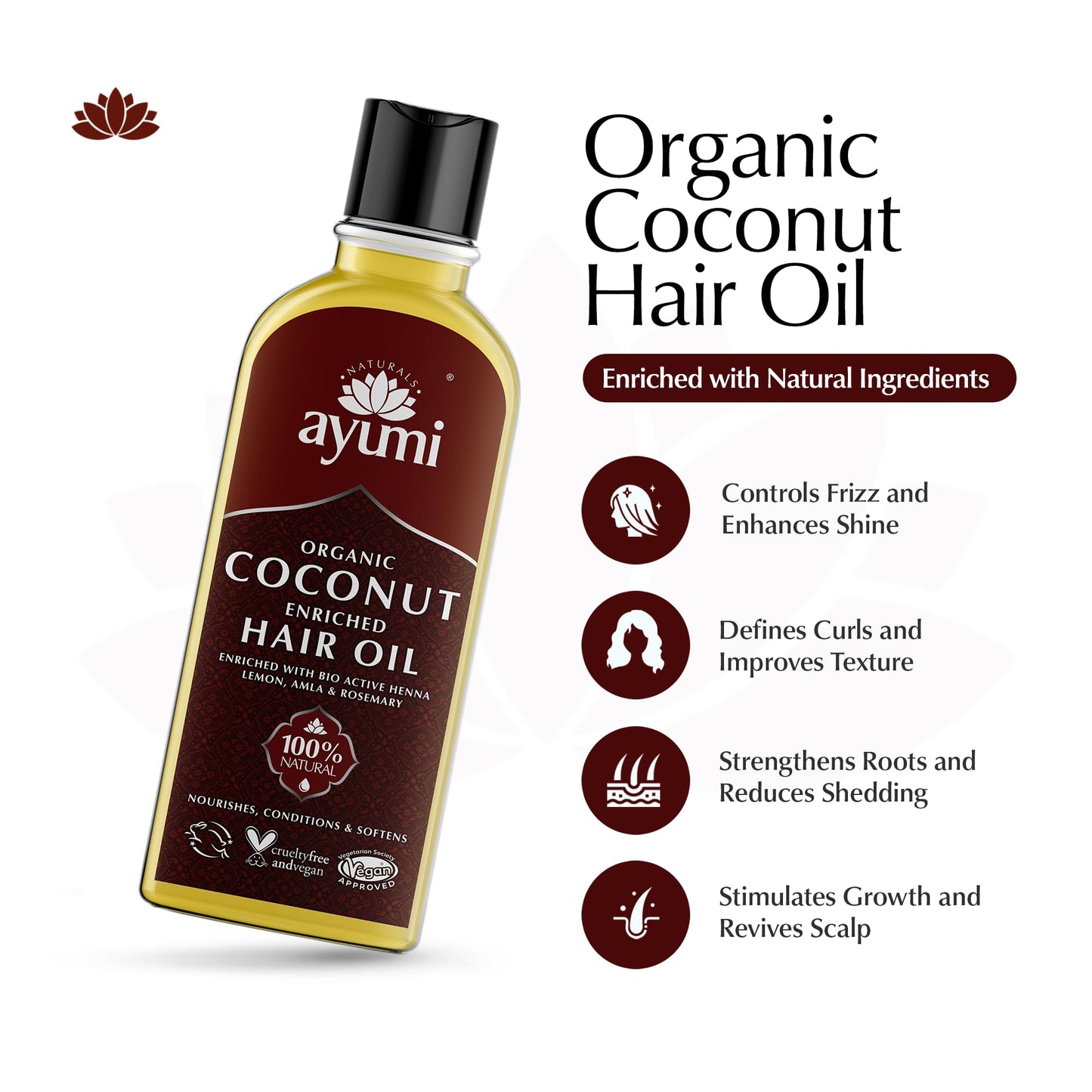 Ayumi Organic Coconut Enriched Hair Oil | Rosemary, Amla & Lemon | Enhanced With Nourishing & Strenghtening Extracts | Rich in Omega 6 For Circulation & Hair Growth | 5.1 Fl Oz