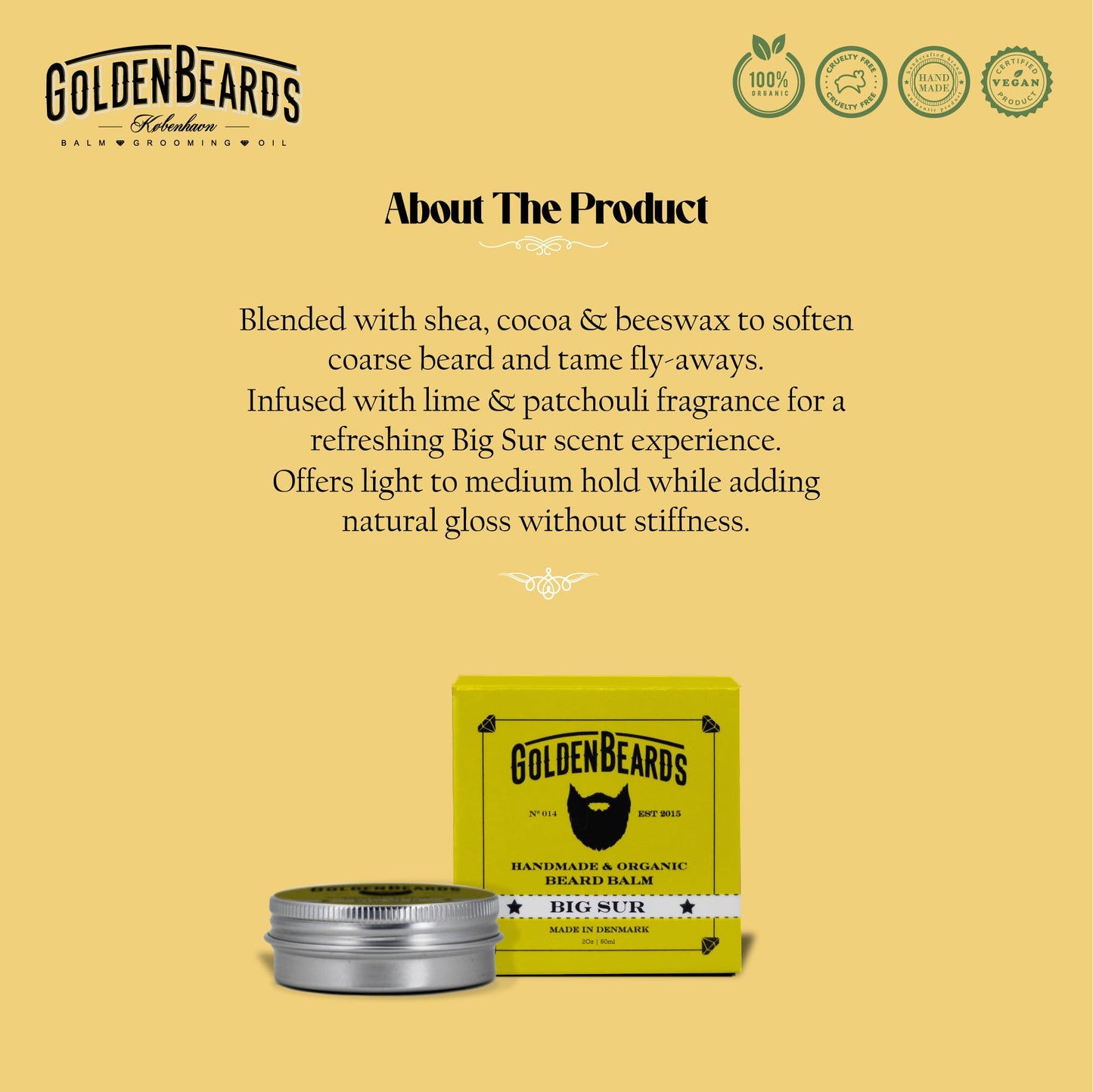 Golden Beards Organic Beard Balm Big Sur – Shea, Cocoa & Argan Butter Blend with Lime & Patchouli Scent – 60ml Vegan Beard Softener & Styling Balm, Handmade in Denmark.