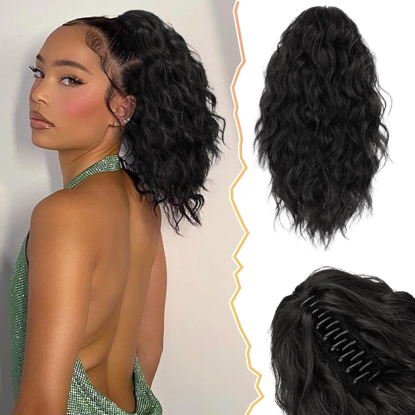 Ponytail Hair Extensions - 12 Inch Claw Clip Dark Brown Curly Wavy Ponytail for Women