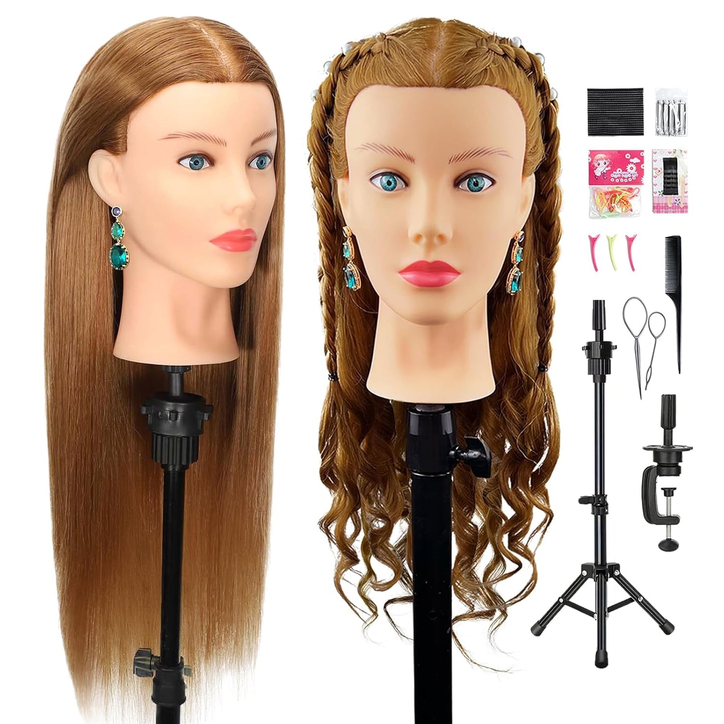 Human Hair Mannequin Head - 80% Real Hair Cosmetology Doll for Hairdresser Practice | Amber Brown with Tripod Stand & Clamp