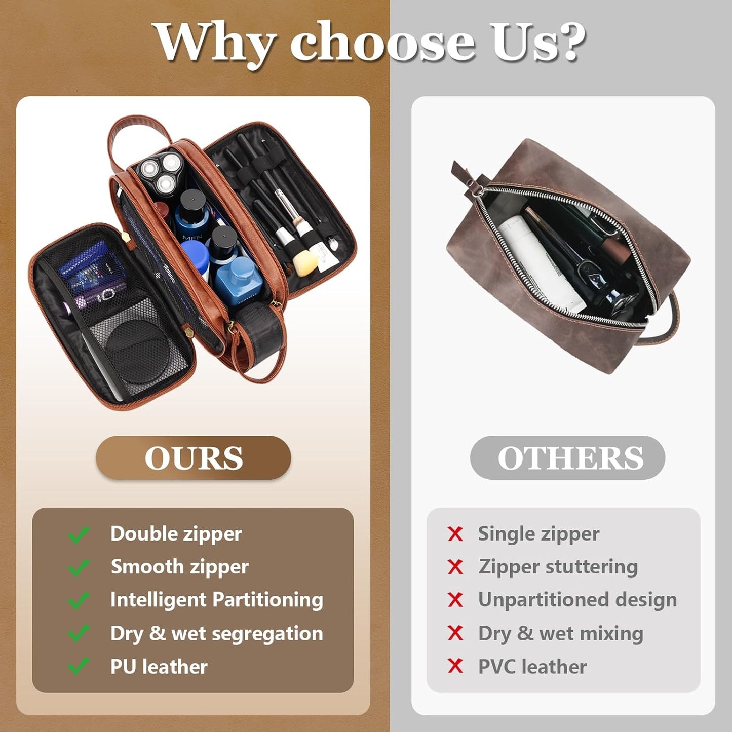 Personalized Toiletry Bag for Men - Engraved Waterproof PU Leather Shaving Bag | Ideal Father’s Day Gift, Brown - M