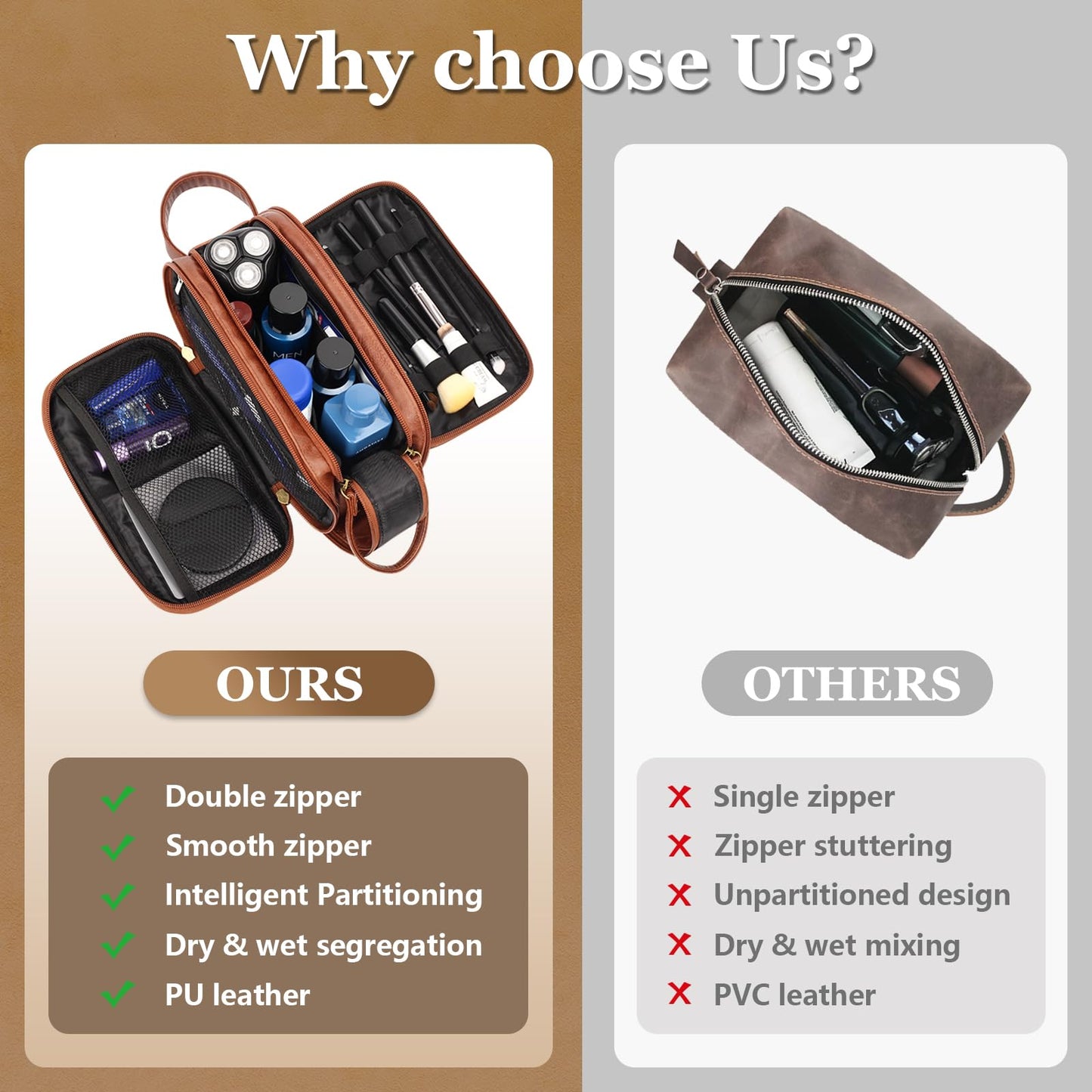Toiletry Bag for Men Personalized Mens Toiletry Travel Bag Waterproof Travel Toiletry Bag PU Leather Mens Travel Bag for Toiletries Shaving Bag for Men Dad Husband Birthday Groomsmen Brown Gift - M