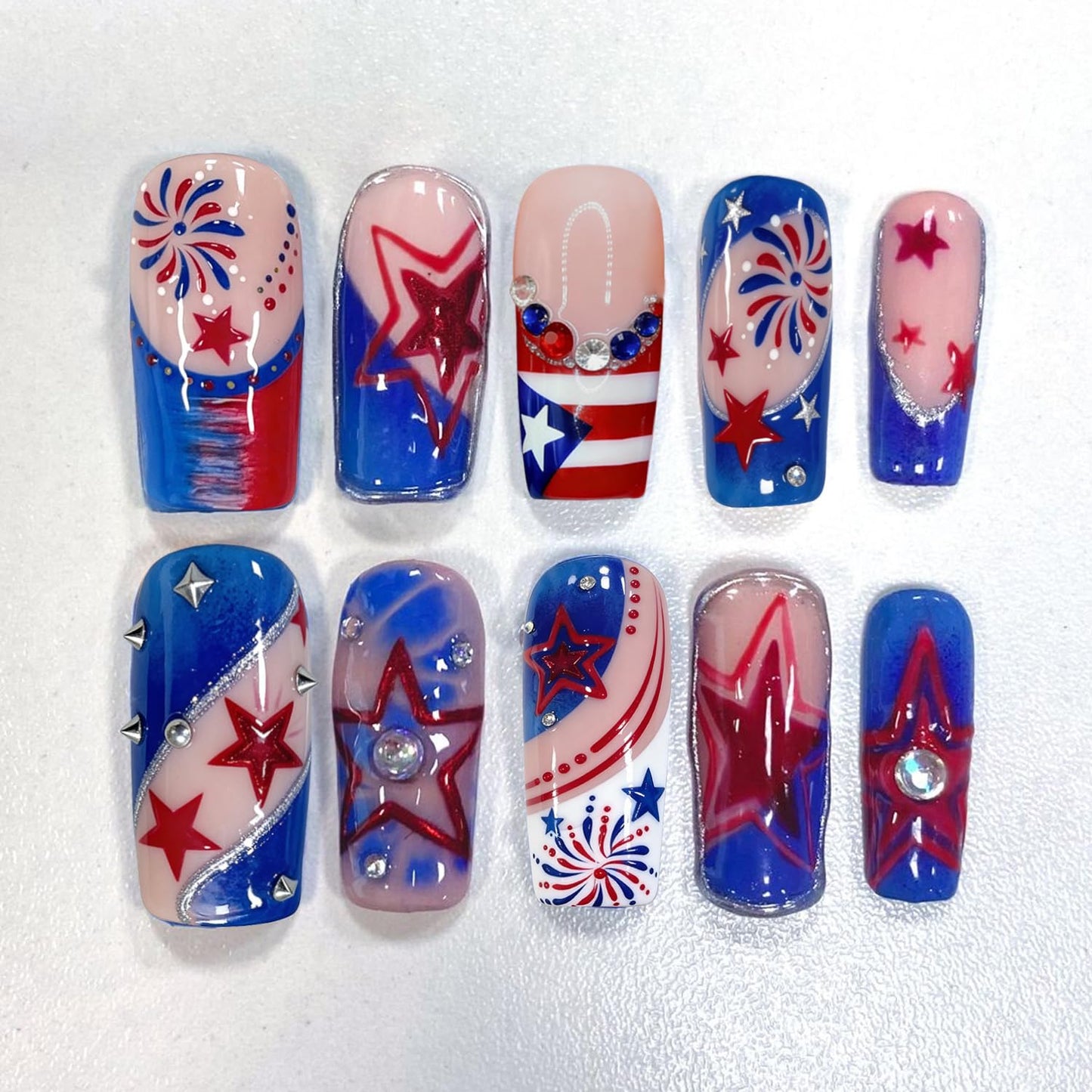 French Tip Press-On Nails - 24Pcs Short Square Design with 3D Flowers & Rhinestones | Glossy Natural Pink Full Cover