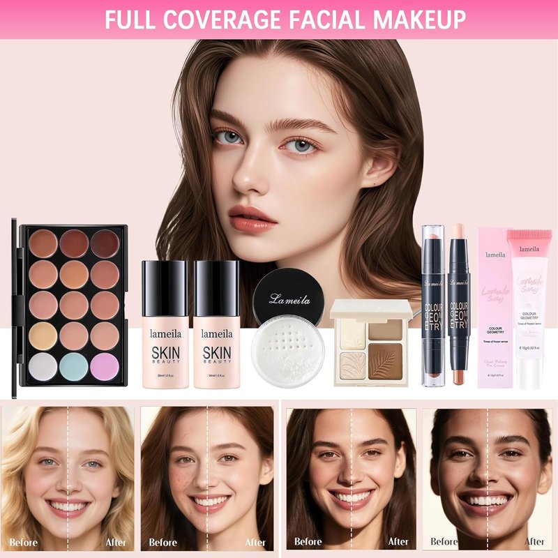 Makeup Kit for Women - Complete Essential Bundle with Eyeshadow Palette, Foundation, Eyeliner & Brushes | Perfect Gift Set for Teens & Girls