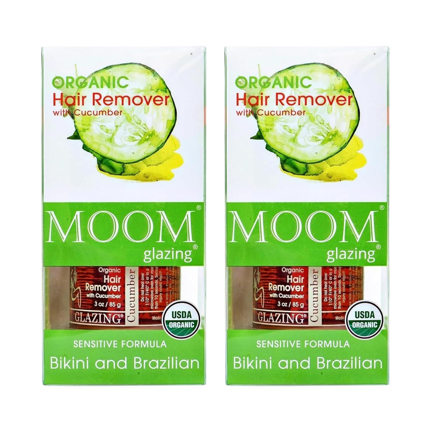 MOOM Organic Hair Removal Wax Kit - Sugar Wax with Cucumber & Green Tea, Body Wax Kit for Bikini & Leg - 3 oz Jar with 18 Reusable Wax Strips & 6 Applicator Sticks - Ideal for Sensitive Skin - 2 Pack