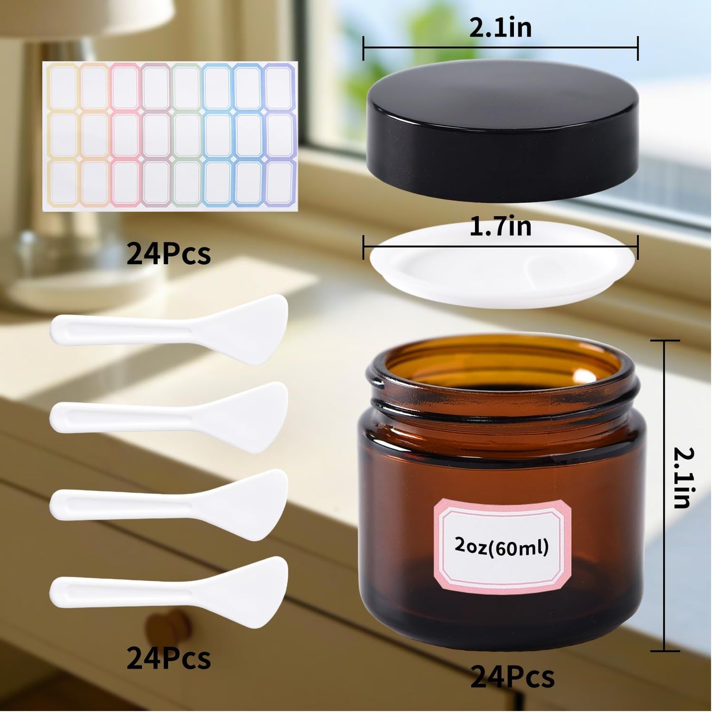 Amber Glass Jars - 2 oz Small Jars with Lids & Inner Liners | 24 Pack for Creams & Lotions