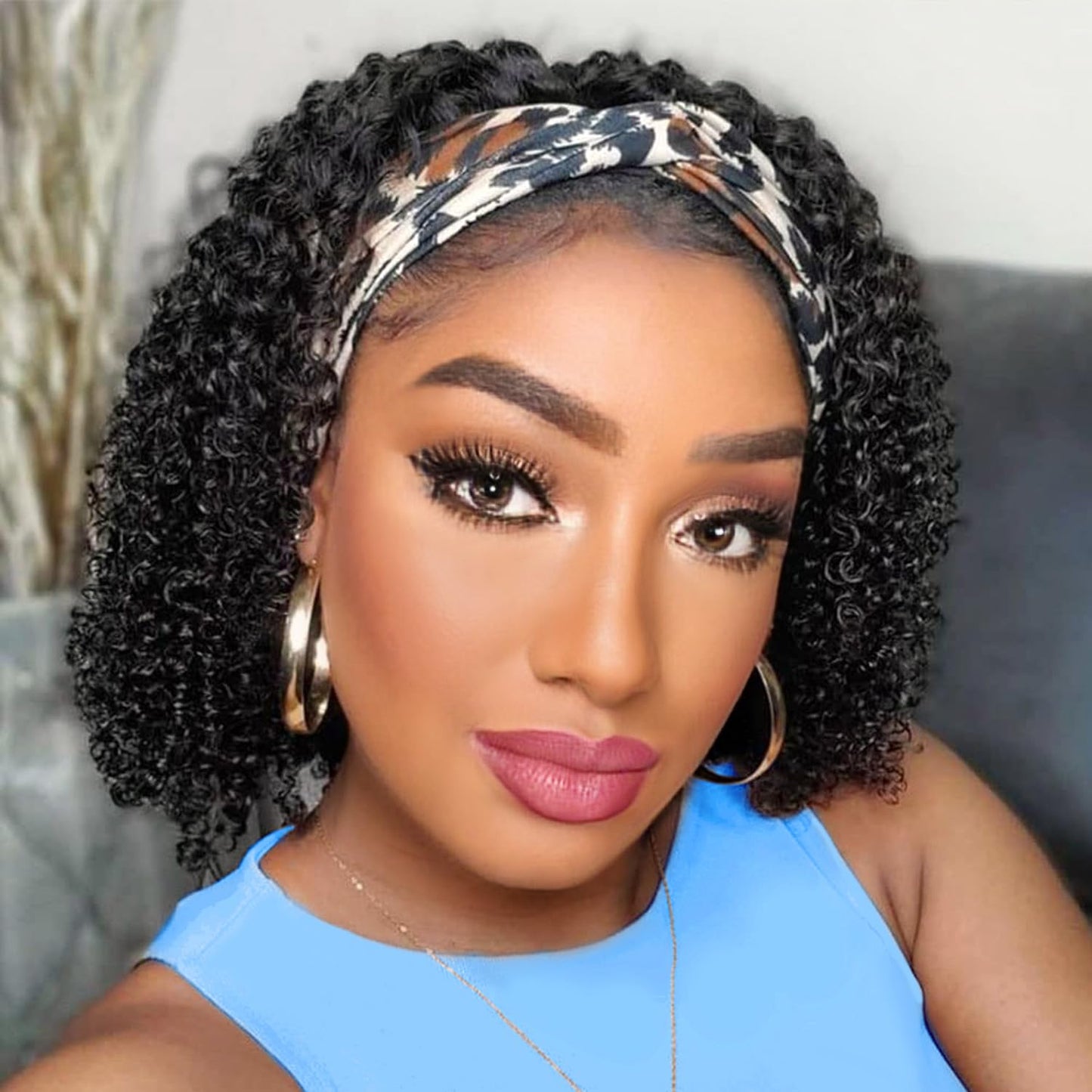 AISI QUEENS Human Hair Headband Wigs for Black Women - Curly, Glueless, Easy Wear - 10 Inch, Medium Cap Size (21.5 Inch)