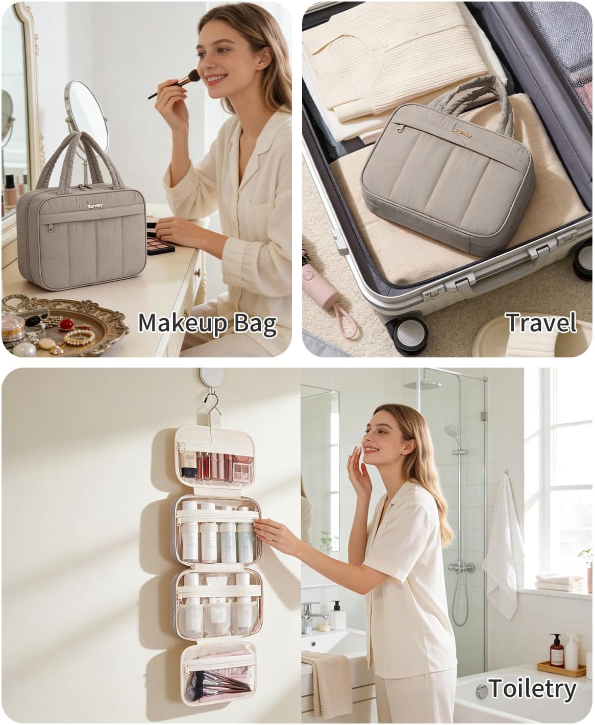 Hanging Travel Toiletry Bag for Women - Quilted Makeup Organizer with Handle | Portable Khaki Bathroom Essentials