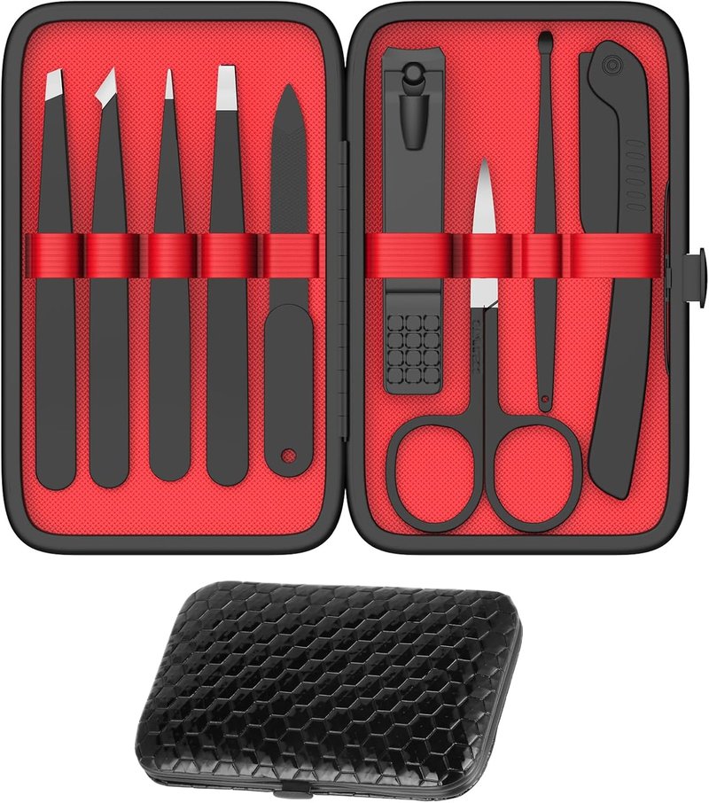 Professional Stainless Steel Tweezers and Nail Clippers Set - 9 Pcs Beauty Kit with Curved Scissors & Eyebrow Razor | Leather Travel Case