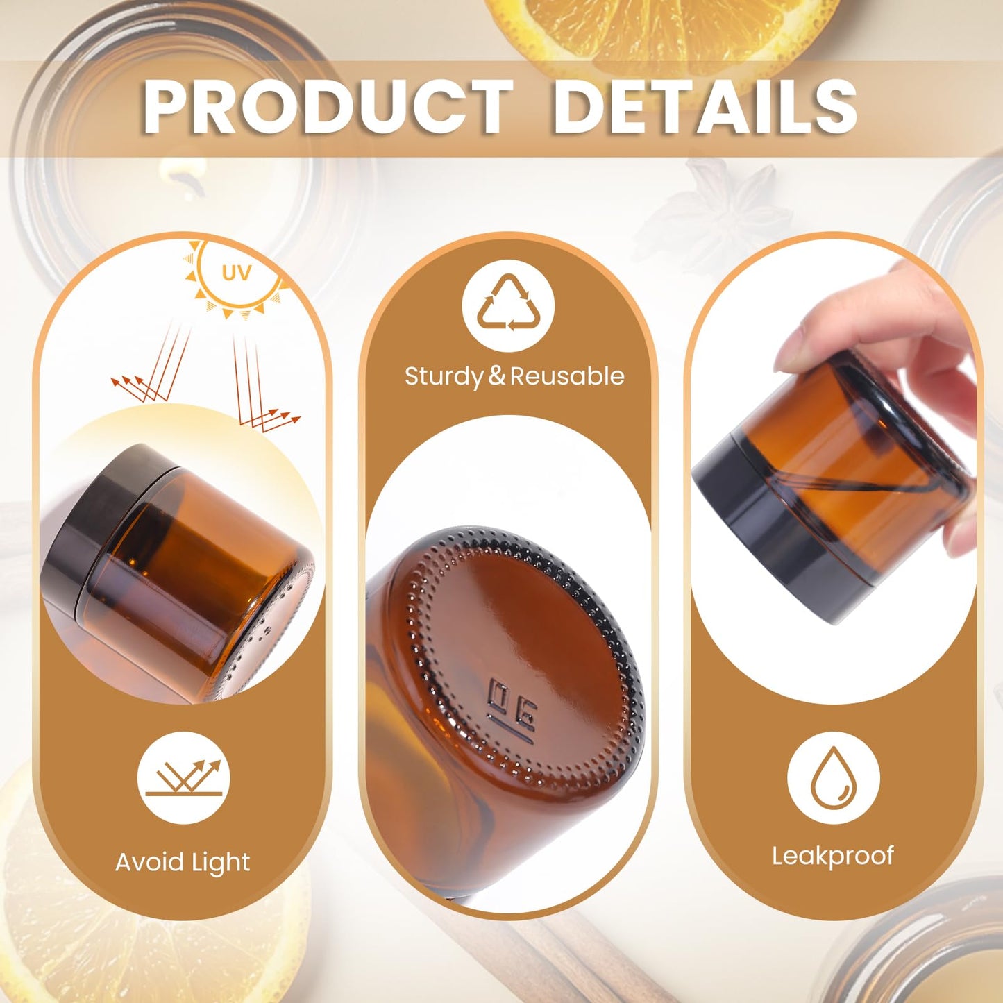UPBUD Amber 2oz Glass Jars with Lids - 24 Pack Brown Small Cosmetic Containers with Stickers & 2 Spoons, Wide-Round Smooth Mouth, Sealable for Creams, Lotions, Body Butter, Travel Samples