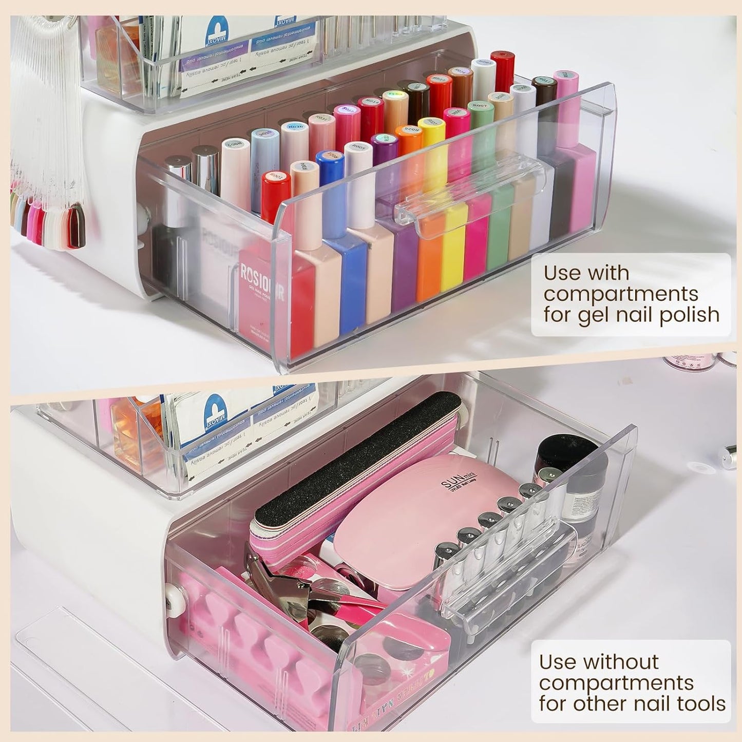 Nail Tech Organizer Case - 2-Layer Storage for Nail Polish & Drill Bits | Clear Design
