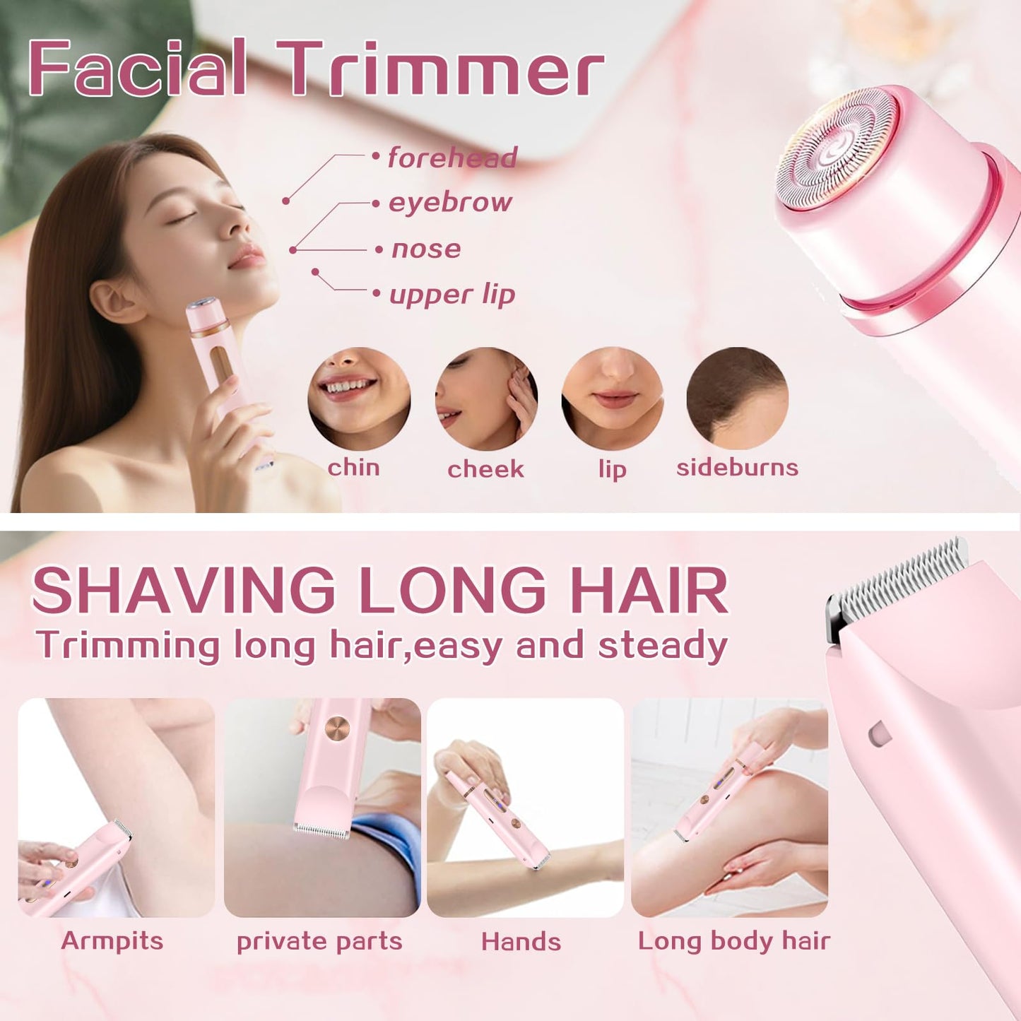 2 in 1 Bikini Trimmer for Women, Dual Head Electric Shaver with LED Display, IPX7 Waterproof Body Pubic Hair Trimmer Rechargeable Womens Electric Razor for Armpit Leg Body Facial (Pink)