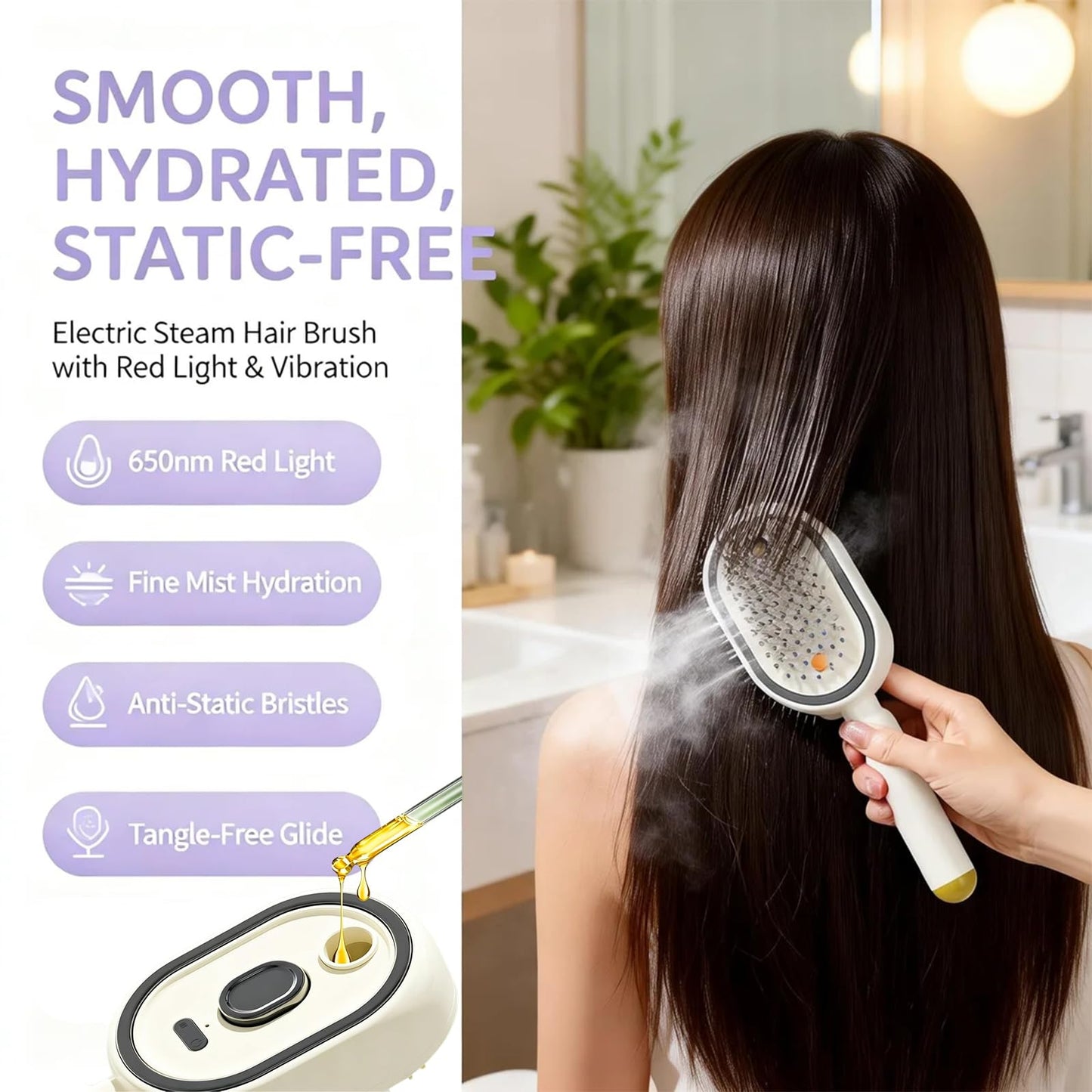 Electric Steam Brush for Hair, Electric Spray Air Cushion Comb, Detangling Steam Brush for Hair, Portable Cordless Rechargeable Red Light Brushs with Detangling Comb, Anti-Static